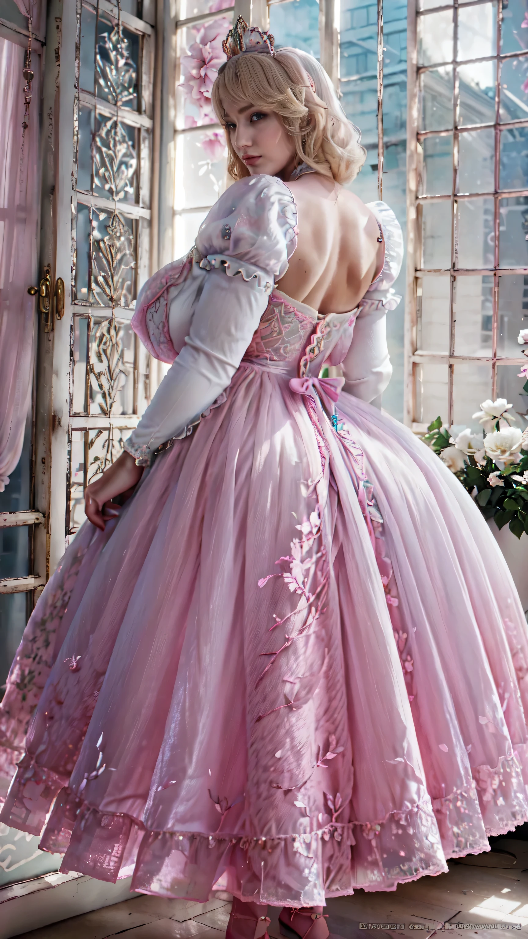 high quality,8K,high resolution, house wife pov from behind,1 personality,tall,realistic texture,Much Muchi,cute smile,one hand on back head,(Plump body 8),(super huge big breasts,(beautiful princess Cinderella, pink long frock)(cotton or silk designe),(Cinderella frock)(Muchimuchi body 8),(newyork building interior window or garden tree scenery),colorful, beautiful Ruby detailed crown headwear