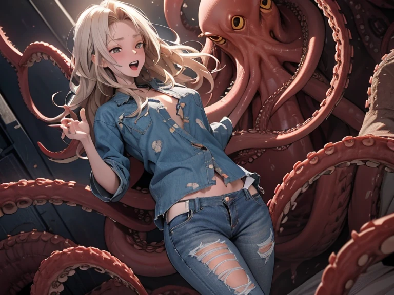 blonde hair, long hair, stu dts,school_uniform, blue eyes, black thighhighs, tentacle, forced, no panties,, Leakage of urine,breasts out, medium breasts, puffy, cum_in_mouth to tentacles, Kinky lines --auto