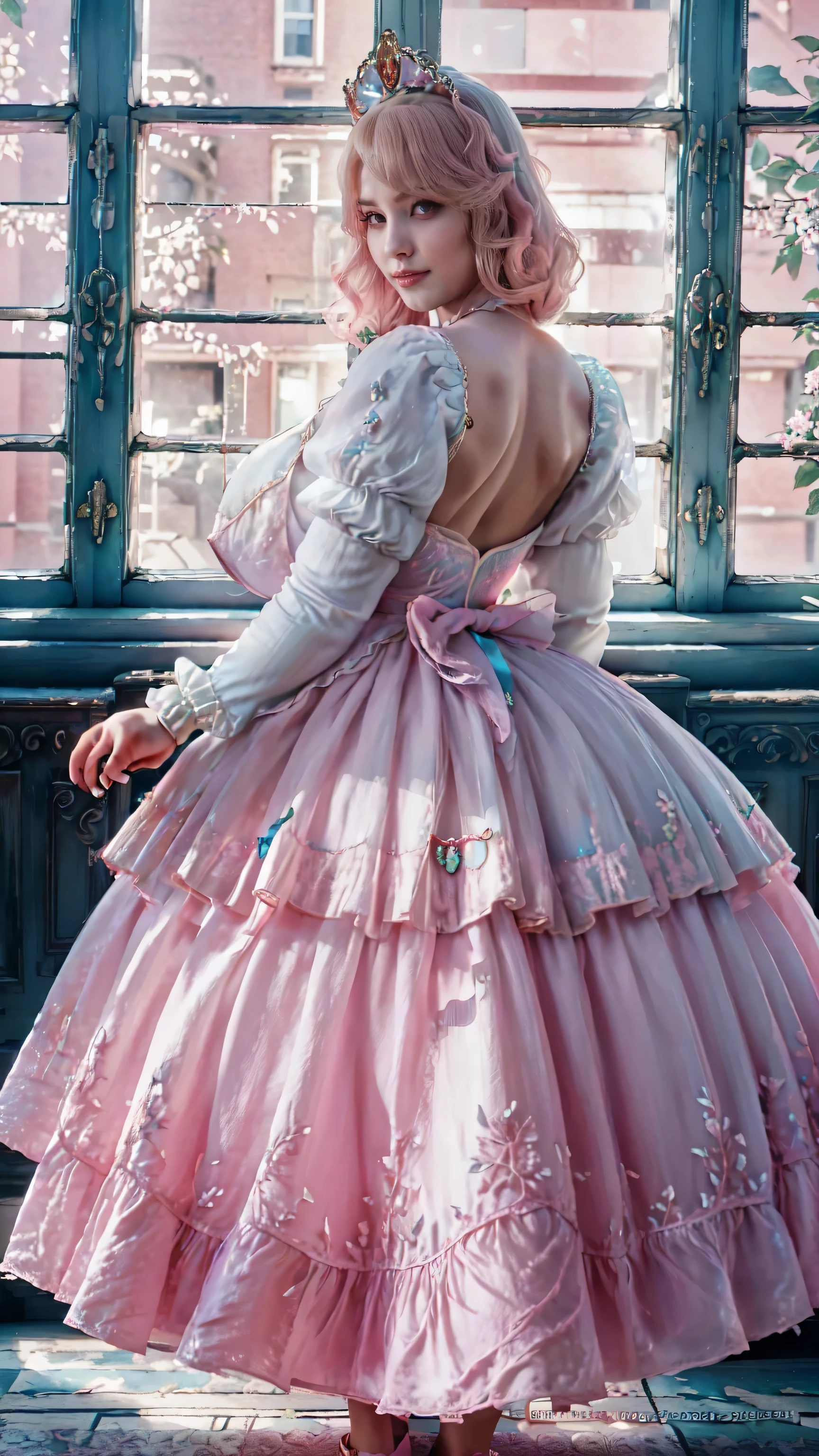high quality,8K,high resolution, house wife pov from above,1 personality,tall,realistic texture,Much Muchi,cute smile,one hand on back head,(Plump body 8),(super huge big breasts,(beautiful princess Cinderella, pink long frock)(cotton or silk designe),(Cinderella frock)(Muchimuchi body 8),(newyork building interior window or garden tree scenery),colorful, beautiful Ruby detailed crown headwear