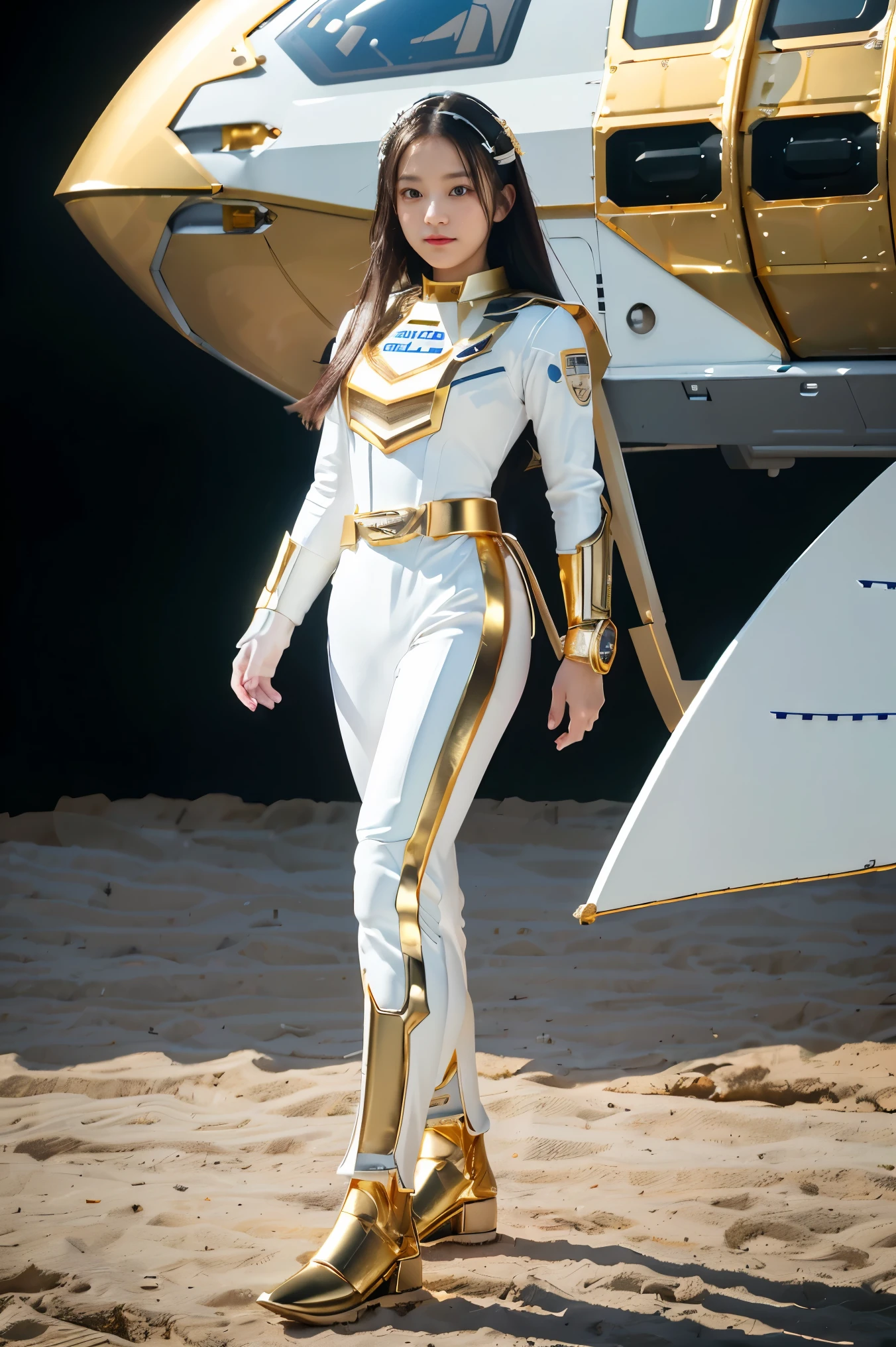 ((masterpiece, best quality, extremely detailed), volumetric lighting, ambient occlusion, colorful, glowing), 
1girl, solo, young girl, (dark hair), long hair, halo, aura, sacred, goddess, cleric suit, (white outfit with gold detailst:1.3), armor,
outdoors, sunset, sky, clouds, space, (fantasy theme:1.2),ม 1girl, full body, Illustration, cinematic light, high resolution, best quality, ultra-detailed, masterpiece, power suit, powerranger, suit, spd, (Silver and Gold chest plate), white and gold detail, (((white suit))), ((police theme:1.2))
