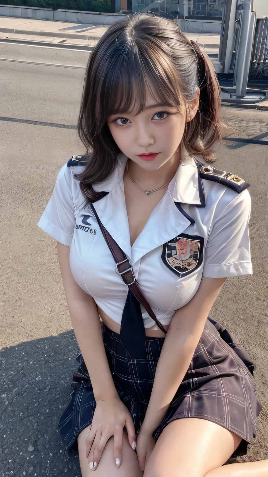 finely detail, hight resolution, hightquality、Perfect dynamic composition, Beautiful detailed eyes, Medium Hair, small tits、Natural Color Lip,Kamimei、Shibuya、20 years girl、1 persons、Transparent skin、Glowing hair、masutepiece, Best Quality, Ultra-detailed, finely detail, hight resolution, 8K、The correct state of the human body、crouching down、Gravure Model Pose,Beautiful sunset,In front of a red brick wall,beautiful ilumination,Photographed with hair fluttering in the wind,Colossal tits,((police,Police Cosplay:1.5,a short skirt:1.5,The shape of the chest is visible:1.5,thigh visible:1.5)),((Pinching the chest,Flip up the skirt yourself:1.5))