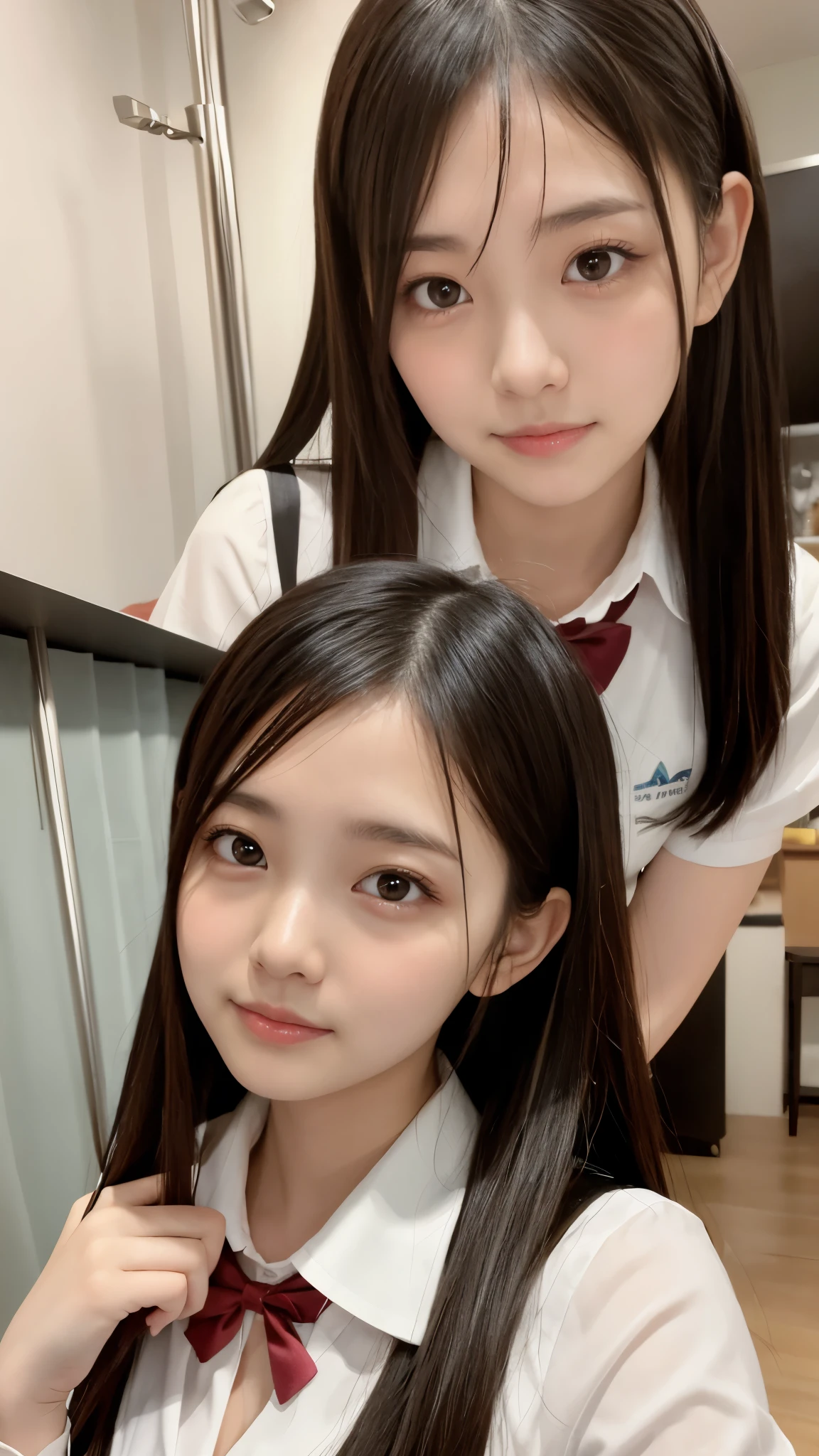 ( 1 girl)、(Japanese beautiful girl), 18 years old, Round face, Refresh, Clear, kind,  slender body lines ,  Stylish , Pathetic, Cute like an angel, Cute small face,  black eyes, ( almond-shaped eyes ), ( slender body lines ), (Small beautiful breasts:1.2), (Very cute), ( beautiful dark hair), (( Cute Two Side Up Hairstyle )), (Captivating eyes), ( eye highlights:1.2), (8k, Live Shooting, Best Quality, masterpiece:1.2, Optimal lighting), ((masterpiece)), ( Photo taken by a professional photographer),( (Genuine, photo Genuine:1.4), break, (((Magical Academy Figure ))), ( Beautiful Girl Wearing a Magical Girl's Uniform), ( clevis:1.2)}, ((Serious expression)), (Red cheeks:1.3),  face close-up,  Dynamic Angle, ((( Beautiful Girl in a Cute Pose))), ( detailed hands:1.3, Perfectly right move), (Perfect 8 life size beautiful girl :1.2)