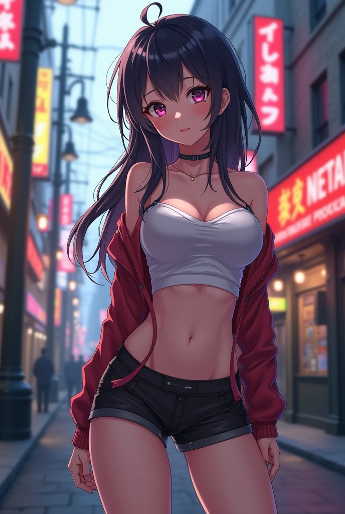 anime girl, 16 years, standing and crouching towards the viewer, huge breasts, grin, open skirt, top neckline, cyberpunk futuristic world