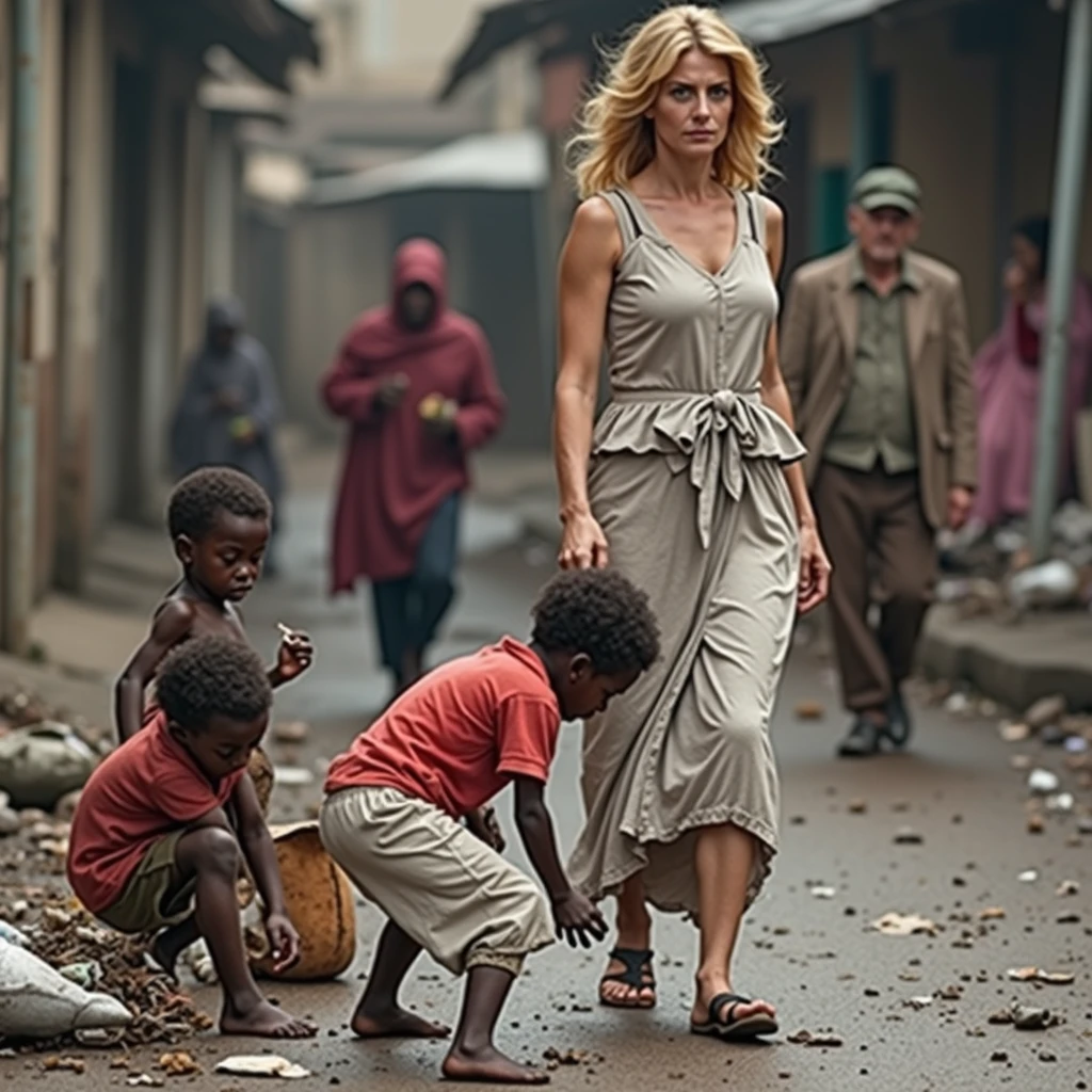 Young blonde slim teen kissed by old african men in a African street