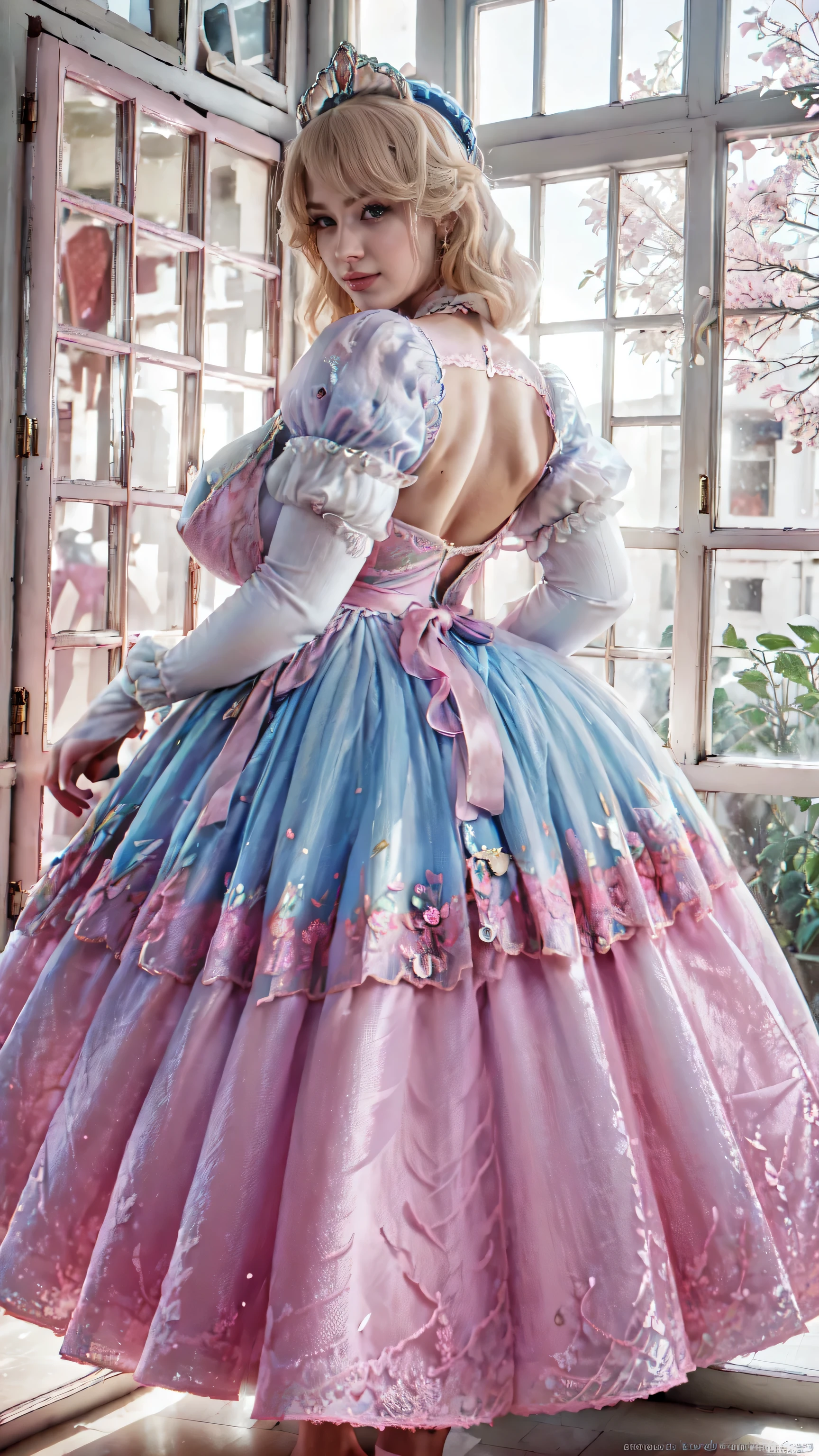 Front angle,high quality,8K,high resolution, house wife pov from front angle,1 personality,tall,realistic texture,Much Muchi,cute smile,one hand on back head,(Plump body 8),(super huge big breasts,(beautiful princess Cinderella, pink long frock)(cotton or silk designe),(Cinderella frock)(Muchimuchi body 8),(newyork building interior window or garden tree scenery),colorful, beautiful Ruby detailed crown headwear 