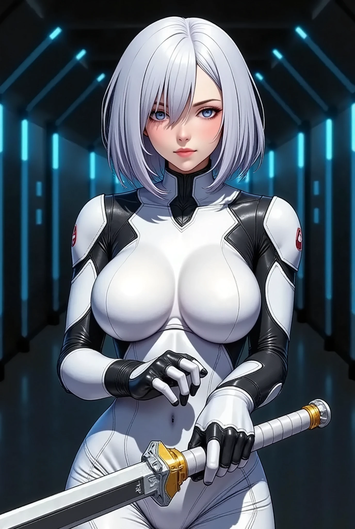 (masterpiece, best illustration,Super detailed),( android woman),(front:2.0),( cowboy shot :2.0),( beautiful face),( beautiful eyes),( looking over here:2.0),(Serious:2.0),(Hold the sword:2.0),( The background is a tunnel drawn by stretching blue hologram lines through a black cyber space:2.0),( detailed hands:2.0),(Beautiful female hands:2.0),(Cyberpunk sword :2.0),(battle:2.0),( cowboy shot :2.0),(Laser sword:2.0),(light saber:2.0),(Chainsaw:2.0),(Sword Stance :2.0)