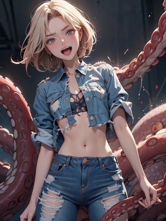 perfect hand,perfect anatomy,masutepiece,Best Quality,Ultra-detailed,High resolution,Unity 8k wallpaper,super detailed skin,Cinematic lighting,(clothed,tattered clothes:1.5)、mid night、Metamorphosis、red blush、Tentacles are touching the crotch、Tentacles are touching the chest、Tentacles restraining limbs、Octopus near the crotch、octopus pit,(open mouth:1.2),(scared:1.5),