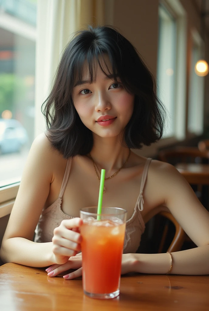 masterpiece、Japanese gravure idol、Red lantern、Yakitori restaurant、She sits across from the table、A woman with short brown hair is drinking a cocktail across the table.、20-year-old、smaller hands、big breasts、beautiful feet、I can see the cleavage、There is a gap、Wearing a leather jacket and denim skirt、A happy smile、laughing out loud、I can see white teeth、Delicate skin feel、shiny hair、8K