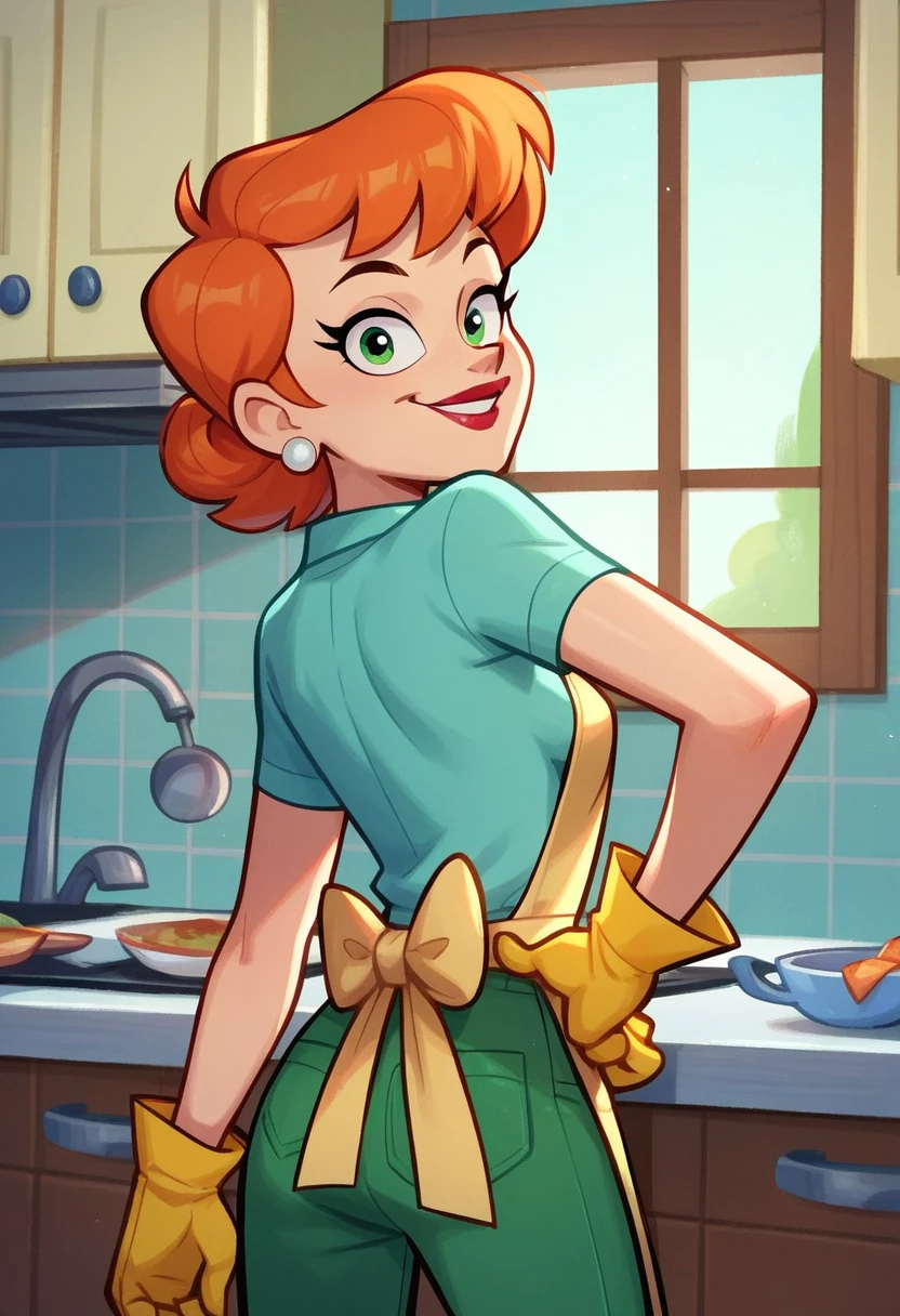 dextersmom, solo, 1girl, aqua shirt, green pants, rubber gloves, orange hair, earrings, apron, short hair, smile, kitchen, lipstick, score_9, score_8_up, score_7_up, score_6_up, score_5_up, score_4_up, looking at viewer, hand on own hip, cowboy shot, shot from behind