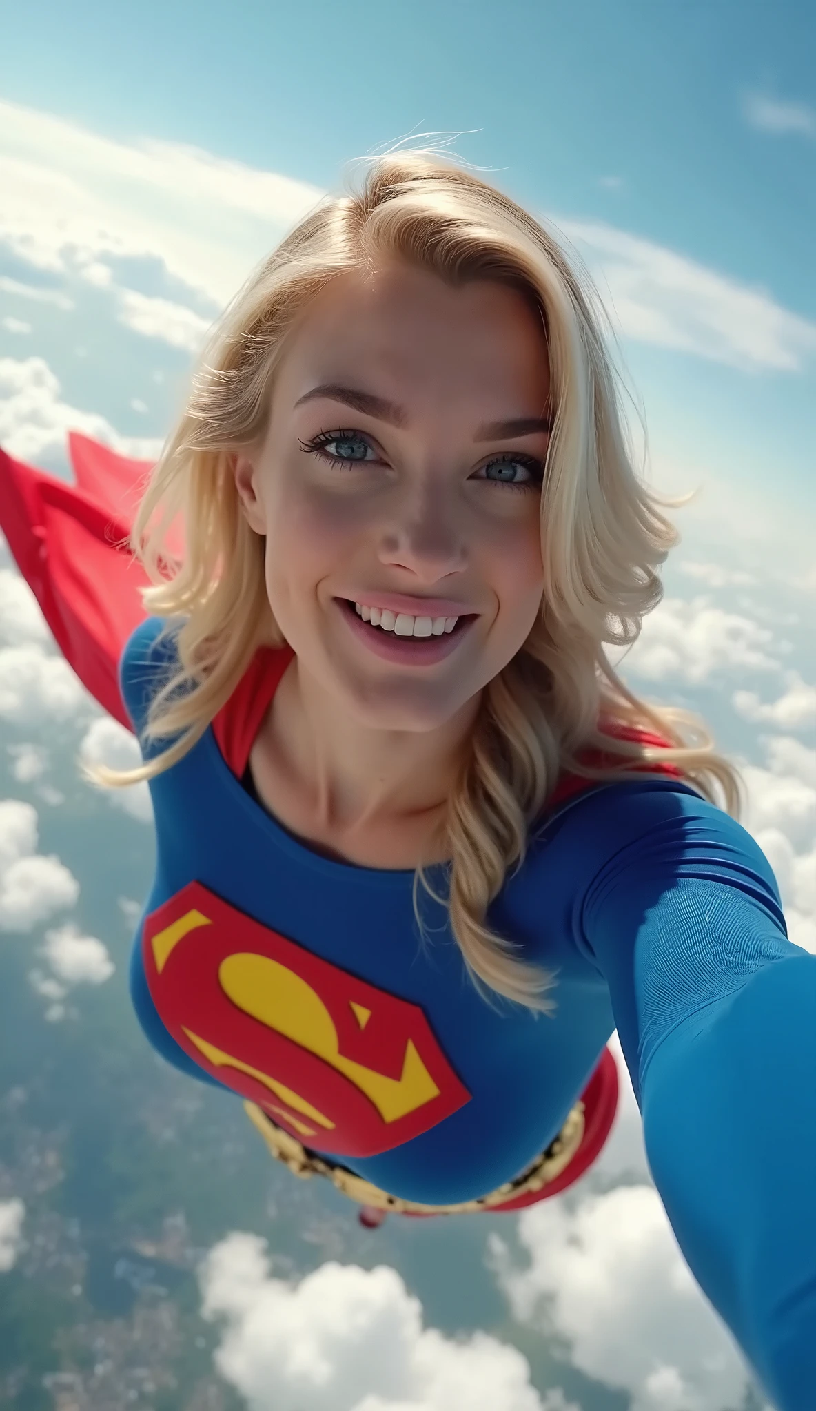 Selfie style photo, pov, INSANELY SEXY, RIPPED MUSCULAR BUSTY, bOOBS SUPERGIRL WEARING THE ORIGNAL SUPERGIRL COSTUME FROM 1950. SOARING WHILE TAKING A SELFIE. 8k, high definition, visible cleavage, busty, looking down her shirt