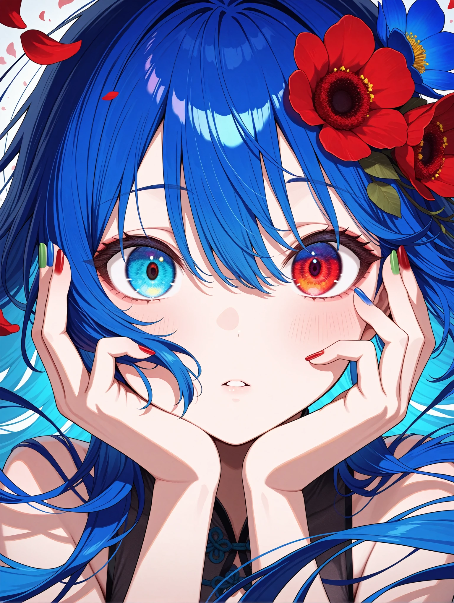 1girl, solo, flower, hair flower, looking at viewer, blue eyes, green nails, hair ornament, blue flower, heterochromia, bangs, parted lips, hands on own face, nail polish, long hair, red flower, blue hair, hair between eyes, hands up, red eyes, upper body, multicolored eyes, floating hair, multicolored nails, portrait
                                                                                                                                                                                                    ,masterpiece,best quality,amazing quality,very aesthetic,absurdres,newest,