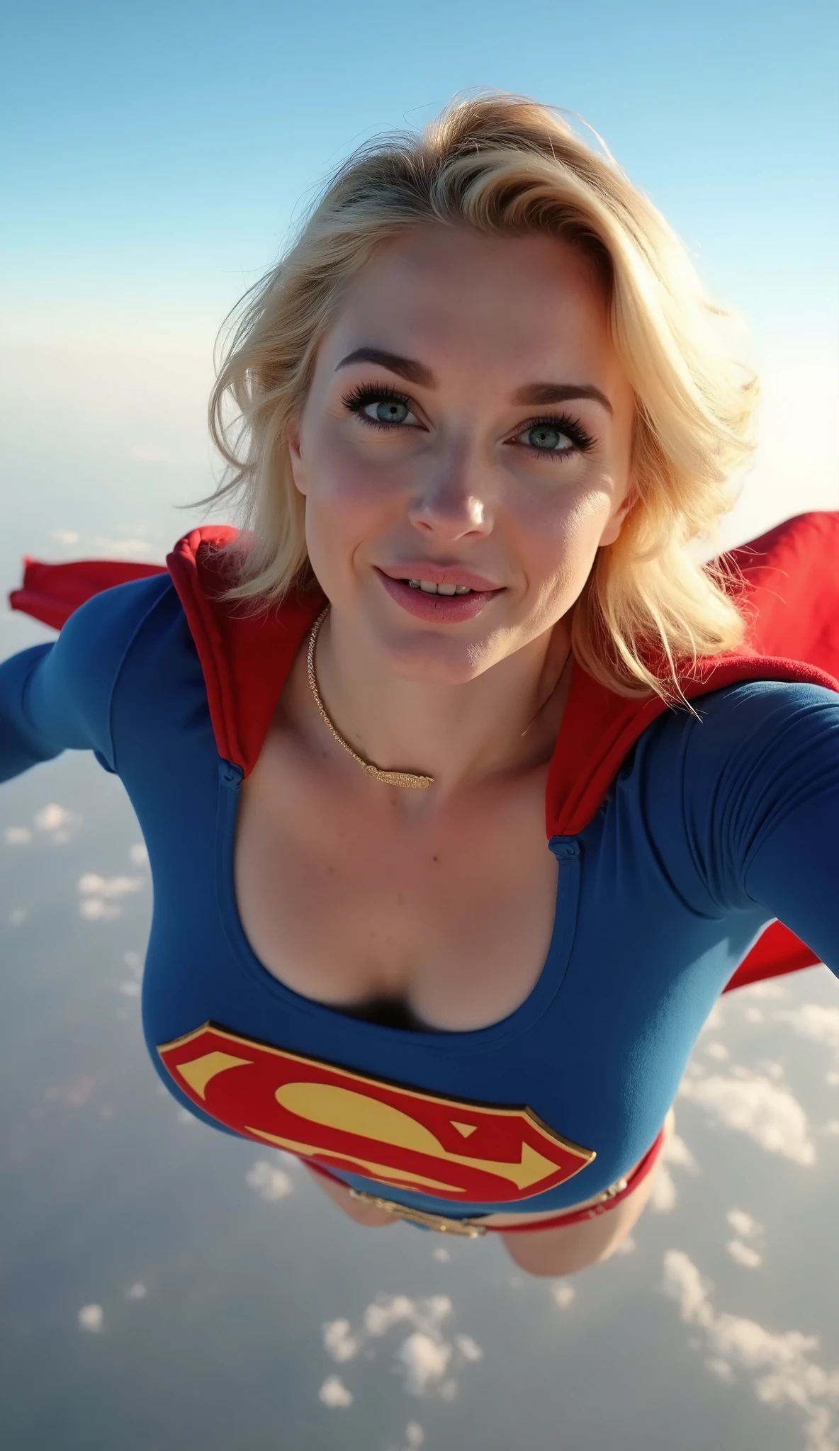 Selfie style photo, pov, INSANELY SEXY, RIPPED MUSCULAR BUSTY, bOOBS SUPERGIRL WEARING THE ORIGNAL SUPERGIRL COSTUME FROM 1950. SOARING WHILE TAKING A SELFIE. 8k, high definition, visible cleavage, busty, looking down her shirt