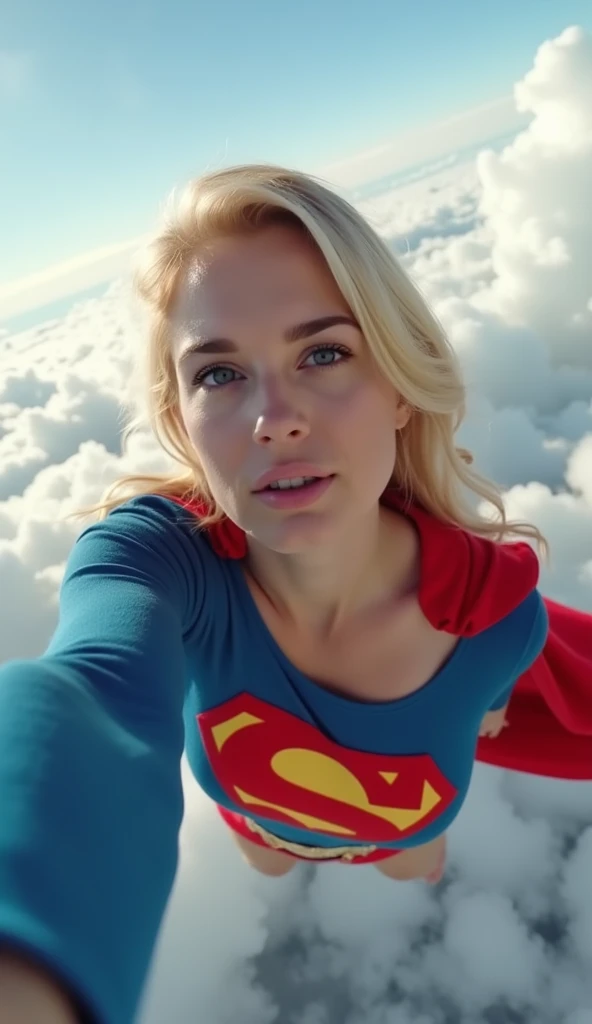 Selfie style photo, pov, INSANELY SEXY, RIPPED MUSCULAR BUSTY, bOOBS SUPERGIRL WEARING THE ORIGNAL SUPERGIRL COSTUME FROM 1950. SOARING WHILE TAKING A SELFIE. 8k, high definition, visible cleavage, busty, looking down her shirt