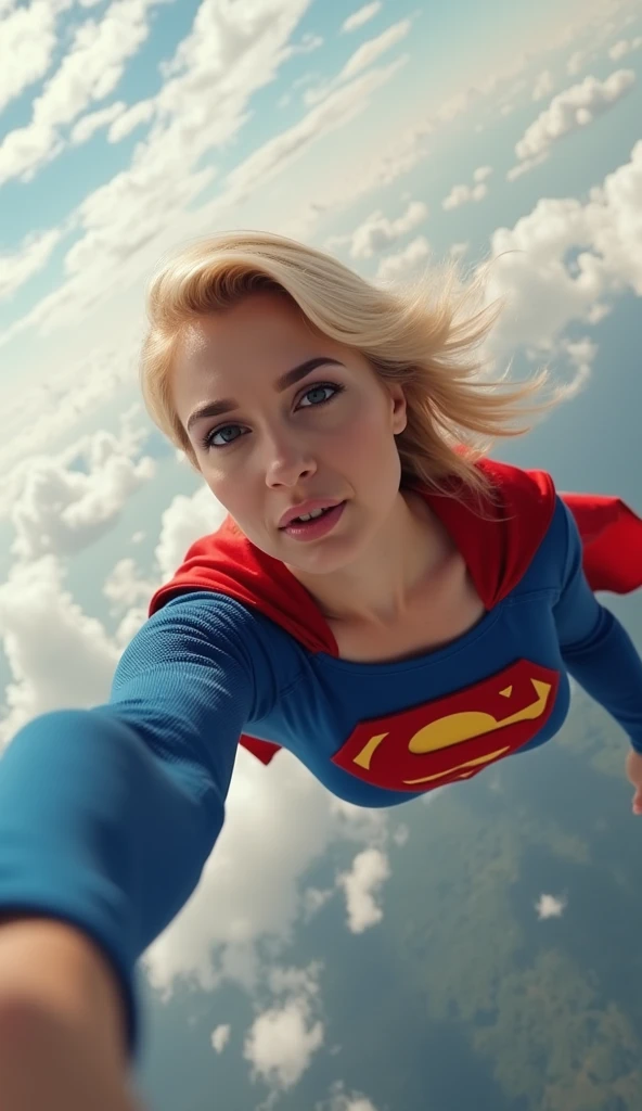 Selfie style photo, pov, INSANELY SEXY, RIPPED MUSCULAR BUSTY, bOOBS SUPERGIRL WEARING THE ORIGNAL SUPERGIRL COSTUME FROM 1950. SOARING WHILE TAKING A SELFIE. 8k, high definition, visible cleavage, busty, looking down her shirt