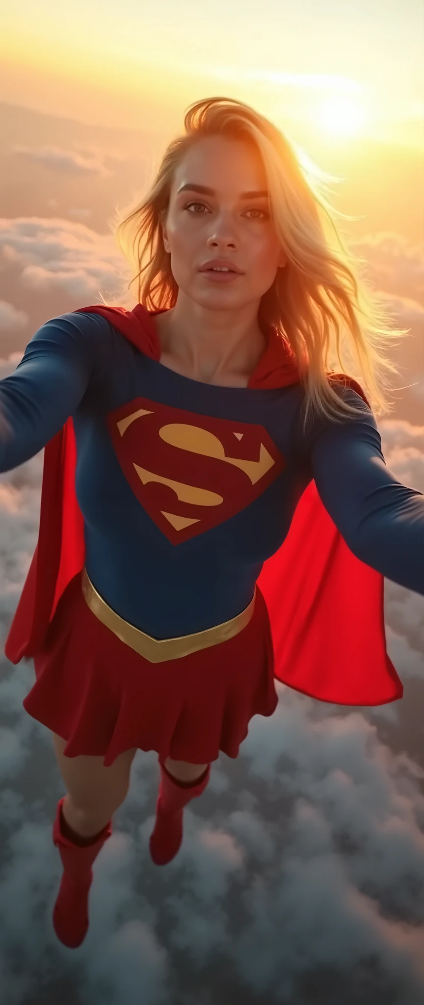 Selfie style photo, pov, INSANELY SEXY, RIPPED MUSCULAR BUSTY, bOOBS SUPERGIRL WEARING THE ORIGNAL SUPERGIRL COSTUME FROM 1950. SOARING WHILE TAKING A SELFIE. 8k, high definition, backlit