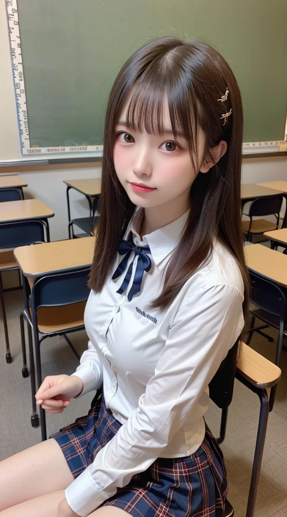 master piece，best quality，super detailed，enlightenment，colorful，fallen color，Depth of the bounds written，lens flare glow，1 girl，beauty of hong kong，royal sister style，sexy style，sat down，brunette colored hair，looking at the viewer，School，classroom，pleated mini skirt，uniform，serafuku，black pantyhose，detailed skin texture，fine cloth texture，gentle and delicate features，（expose cleavage），medium breasts