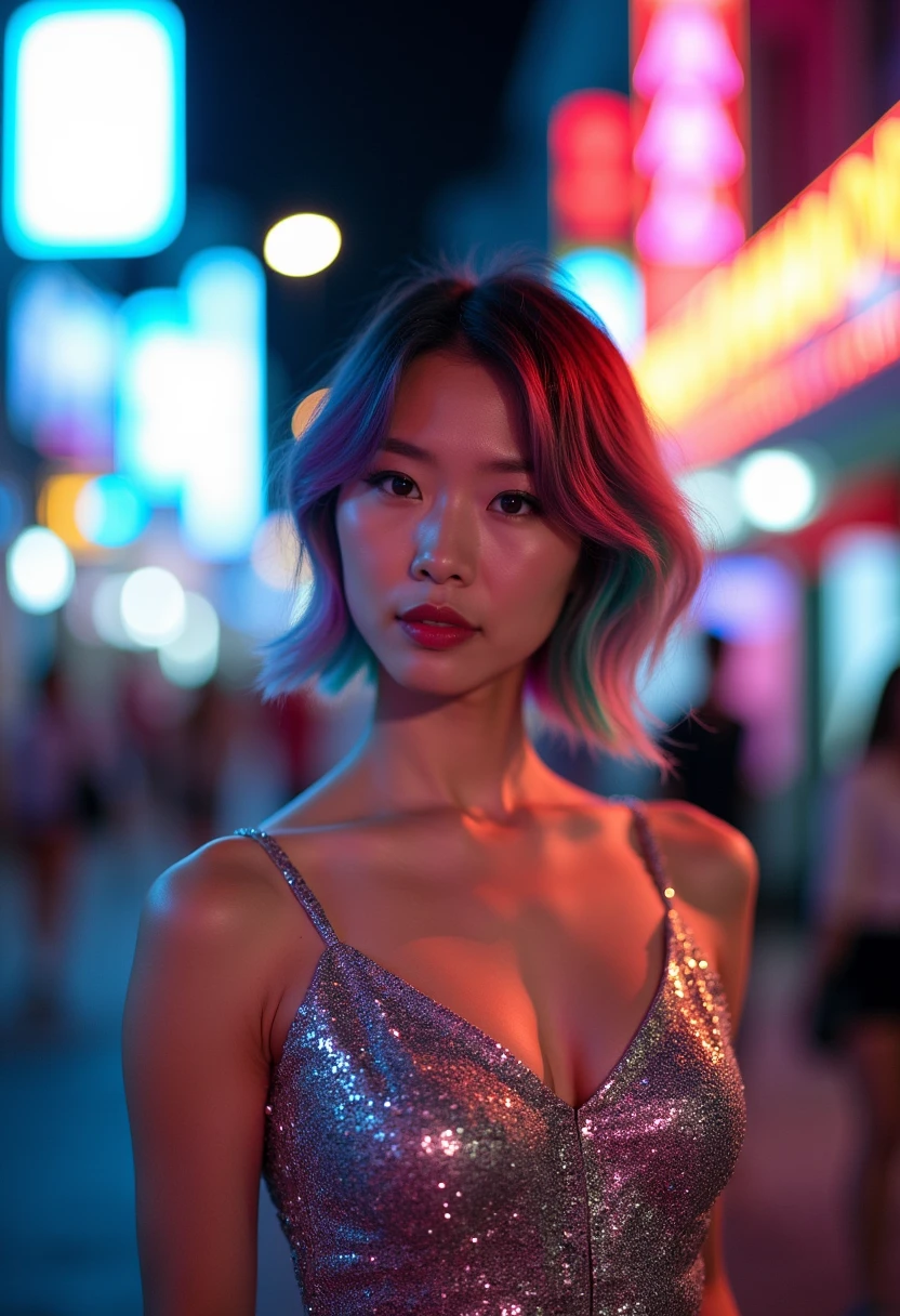 ((masterpiece)) ((photography)) ((highest quality)) Asian woman with short, colorful hair, wearing a sparkling sequin dress that shimmers under the lights. She stands in a bustling city street with bright, blurred lights in the background, creating a vibrant, urban nighttime atmosphere. The shimmering dress contrasts with the soft, neon lighting around her. [Shot with a full-frame DSLR camera, 50mm lens, f/1.4 aperture for shallow depth of field, ISO 800], capturing realistic details with soft, bokeh background. ((masterpiece)) ((photography)) ((highest quality))