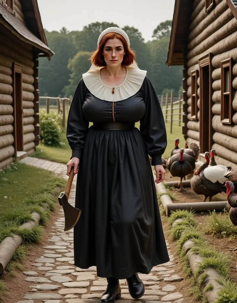 Photorealistic, cinematic style, a picture of a beautiful British woman in a puritan woman's outfit. She has black dress, white bonnet and white capelet, white apron. Black buckle shoes. She's walking on a stony path between farmyard loghouses in Massachusett colony. A group of turkeys walking in their pen. She is carrying an axe in her hands. She's got brown eyes, downturned eye shape, light skin and freckles, reddish-brown hair, long bob hairstyle. perfect hand,HDR, intricate details.
