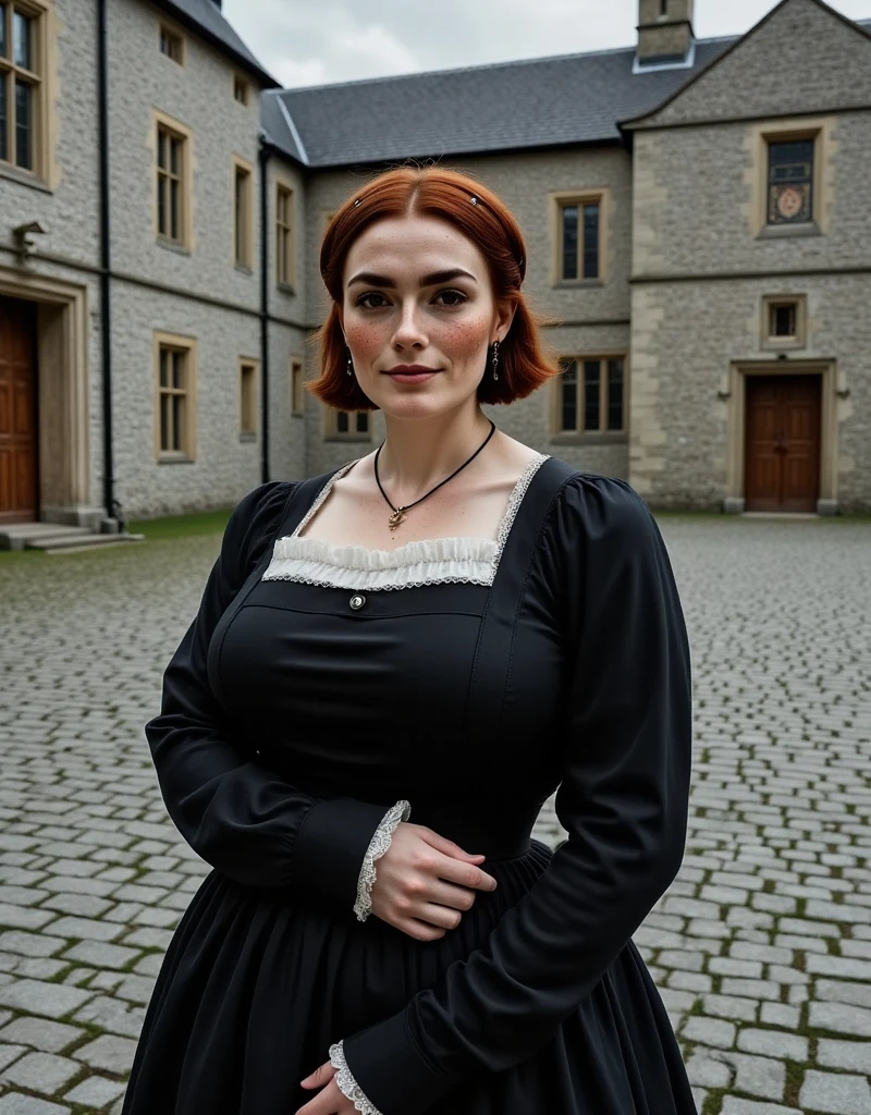 Photorealistic, cinematic style, a picture of a beautiful British woman standing in the courtyard of a Elizabethan manorhouse. cobbled stone pavement, grey stone walls, small stained glass windows. She is wearing a black Elizabethan era dress with ((high neckline)). (white ruff collar:1.5), (millstone collar:1.5). She's got brown eyes, downturned eye shape, light skin and freckles, reddish-brown hair, long bob hairstyle.  perfect hand,HDR, intricate details. 
