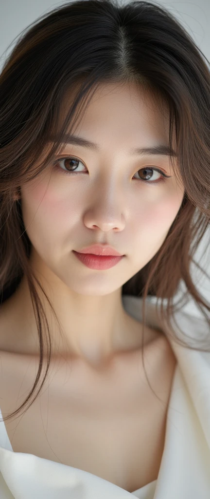 A high-quality 8K image of a close-up shot of an East Asian woman. The woman is depicted with subtle bright colors, merged into a single magnificent creation on a white background. The lighting and shadow play is excellent. The image is both simple and very complex, carrying secret meanings. The image enchants with its beauty, detailing, and accents on the smallest elements. The light smoothly falls across her features, creating an even more fascinating picture. Her expression is serene, with piercing, deep eyes that draw the viewer in. Her hair flows softly, blending seamlessly with the background, adding to the ethereal and captivating quality of the piece.