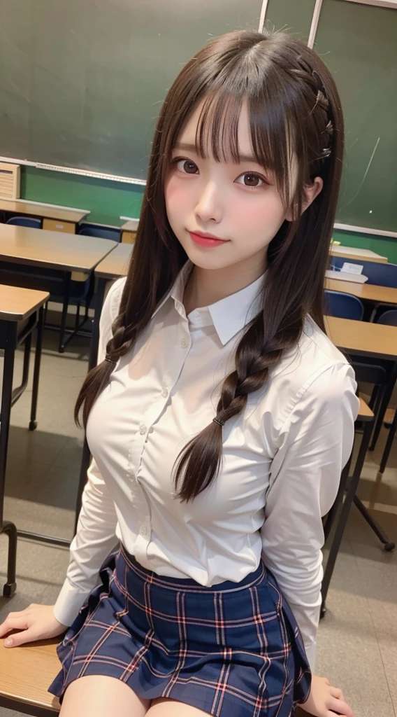 Tabletop, Highest quality, (beautiful girl:1.3), (16 years old:1.2), Very fine grain definition, (Symmetrical eyes:1.3), ((Browsing Caution)), (school uniform,  Cute checked brown skirt:1.3), Beautiful breasts, Brown eyes, Parted bangs, Brown Hair, Upper teeth,Twin tail hairstyle,Brown blazer