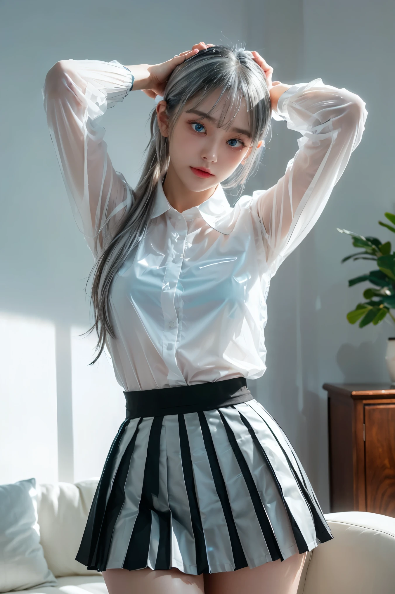 (((1 girl)),Ray tracing,(dim lights),[Detailed background (Living room)),((silver hair)),(silver hair)),((Fluffy silver hair, plump and slim girl)) high ponytail))) Avoid golden eyes in the ominous Living room ((((Girl wearing white opaque shirt, Black pleated skirt with black transparent), Show off a delicate and slender figure and graceful curves, correct limbs, Put your hands behind your head, Put your hands behind your head, Put your hands behind your head , Eye details, beautiful eyes, exquisite eyes, blue eyes