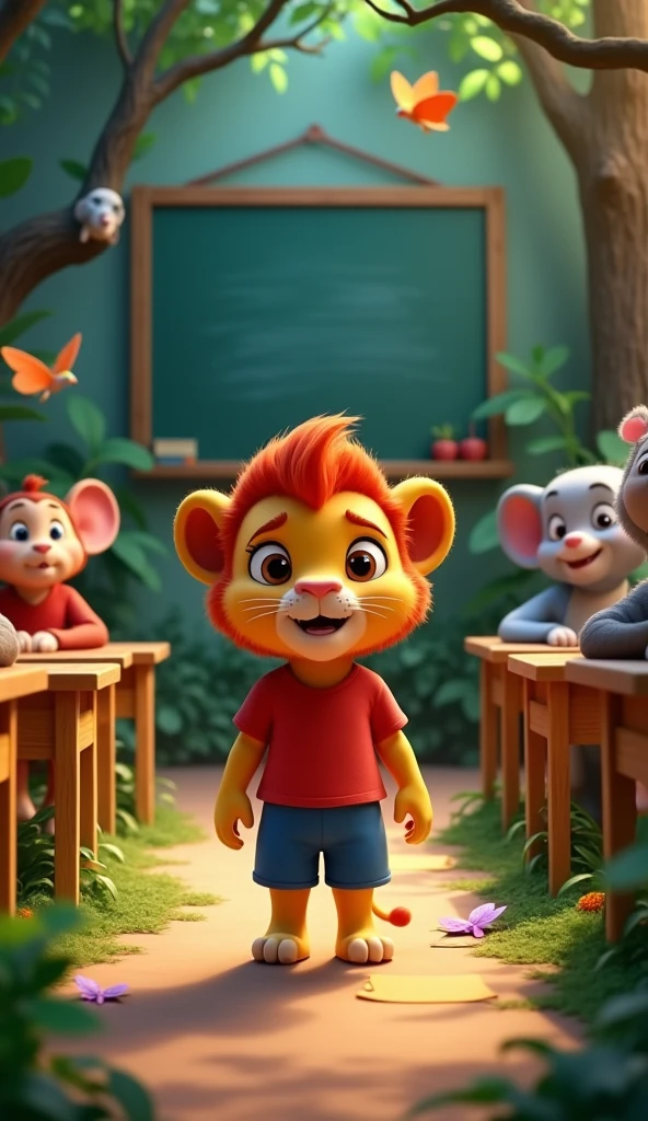 Baby lion at school hands out worksheets childishly drawn more drawn more drawn childishly