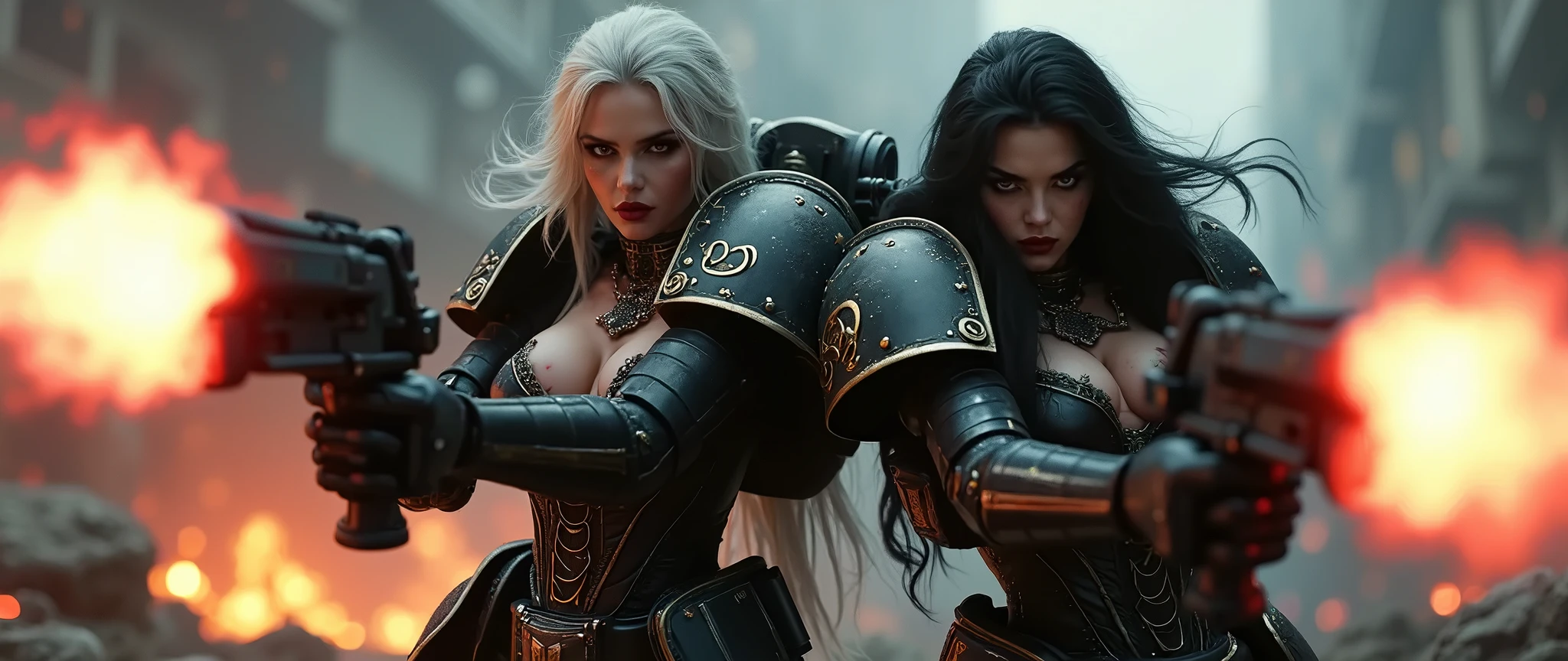 Full body pose sexy sisters of battle from the warhammer 40k, carrying her wounded sister, red space marine armor with intricate details, white space marine armor with intricate details, symbols on the armor, sisters of battle, warhammer 40k, Massive exposed silicone breast, pale skin, seductive, temptation, eat your soul, clevage, long white flowing hair, long black flowing hair with purple highlights, heavy gothic makeup, at night, neon, beautiful detailed eyes, beautiful detailed lips, extremely detailed eyes and face, long eyelashes, highly detailed space marine armor, intricate futuristic laser weaponry, dramatic lighting, cinematic composition, muted color palette, gritty and realistic, mecha, science fiction, hyper-detailed, photorealistic, award winning digital art, 8k, HDR, masters work, in the middle of a battle field, explosions and fire around, full war, stunning, cinematic, movie trailer, sisters of battle, warhammer 40k, carrying her wounded sister to safety, saving 