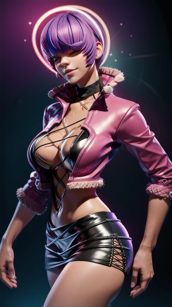 (night), in a video game scene with a neon background and a neon light, Standing at attention, pink suit, pink jacket, choker, neckline, clothing cut, earrings, purple hair, eyes completely covered by hair bangs ((hair over eyes)), 1 girl, 20 years old, Young woman, Beautiful finger, Beautiful long legs, Beautiful body, Beautiful nose, Beautiful character design, perfect face, looking at viewer (focusing on his face), mouth closed, Light_Smile, official art, extremely detailed CG unity 8k wallpaper, perfect lighting, colorful, bright front lighting, shiny skin, (masterpiece: 1.0), (best_quality: 1.0), ultra-high resolution, 4K, ultra-detailed, photography, 8K, HDR, high resolution, absurdities:1.2, Kodak portra 400, film grain, blurred background, bokeh:1.2, lens flare, (vibrant_color:1.2), professional photography, (Beautiful, breasts: 1.4), (beautiful_face: 1.5), (narrow_waist),
