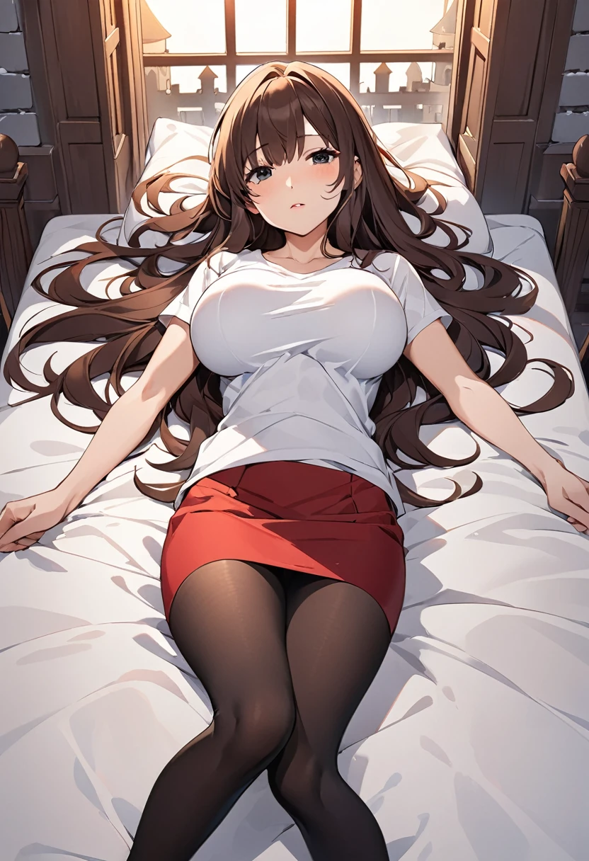 female, 40s,  long hair in the castle, Dark brown hair,  Tight white t-shirt that accentuates big breasts ,  White t-shirt with a faint reflection of a black bra, red pencil skirt ,  fleshy black stockings , Delicate Face, Thin snow,  black eyes,  Pose lying on your back on the bed , Lying on your back to bed , fall asleep, Bedtime, Cozy interior ,  anime style , illustration feeling