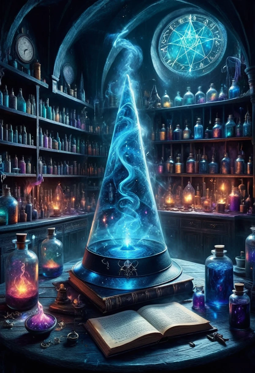 an illustrated poster， Abstract Realistic Oil Painting Style Cover， magic theme ，Blue tint， is full of magic，The main display is a big magic witch hat，There is a magic book on the desktop， is surrounded by many colored potions ，shelf，Magic Potion店，magical potions，Magic Potion， fantasy painting ，The Witcher Lab ， casting potions ， magical items ，Magic spells ，The mantra health potion painting ， casting potions ， the fantasy alchemy laboratory