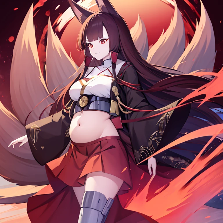 Akagi (Azur Lane), foxgirl, 9 tail, long hair, brown hair, red eyes, makeup on eyes,brown half red kimono, belly exposed, pregnant belly,  round fat belly, red skirt, red hair clips, red skirt, metal sash, standing, simple background