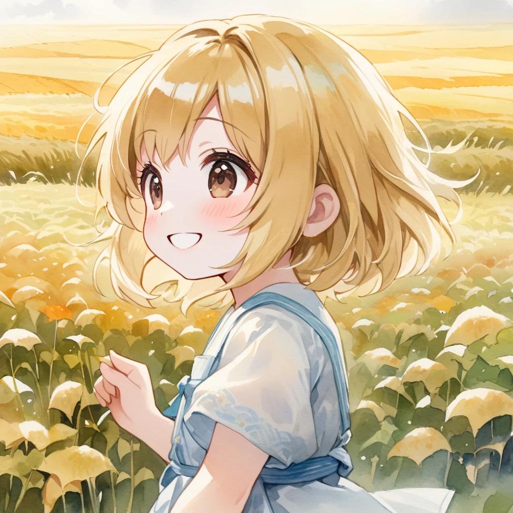 1girl, chibi, cute, pale skin, blonde hair, bob, big droopy eyes, dark brown eyes,
vast fields, daikon, countless shimmer,
happy, smile, looking away, from side,
oil and watercolor painting, in the fog, masterpiece, best quality, hyper detailed,