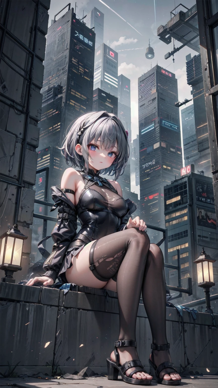 A young woman with short pink hair、She is sitting gracefully on a wooden platform on the rooftop of a skyscraper in a futuristic city、She is wearing a black outfit with bare shoulders、She is wearing thigh-high stockings and shoes、Neon-lit skyscrapers mix with traditional Asian architecture、The landscape is reminiscent of a dystopian Kowloon Walled City、The night sky is illuminated by the Milky Way and lantern lights、Illuminated by neon reflections、A low-angle ultra-wide lens captures her entire body、Emphasizing the surrounding rusty machinery and deep depth、The scene is fantastical and cyberpunk、It has an oriental aesthetic、Super high-quality, super-detailed 8K anime moe art style by Art God、Depiction reminiscent of a Pixiv contest winning entry、Very short and messy hair、Perfect body structure、Precise hair detailing with an oriental aesthetic、Ultra-detailed skin、Highlighting the masterful lighting by a renowned artist