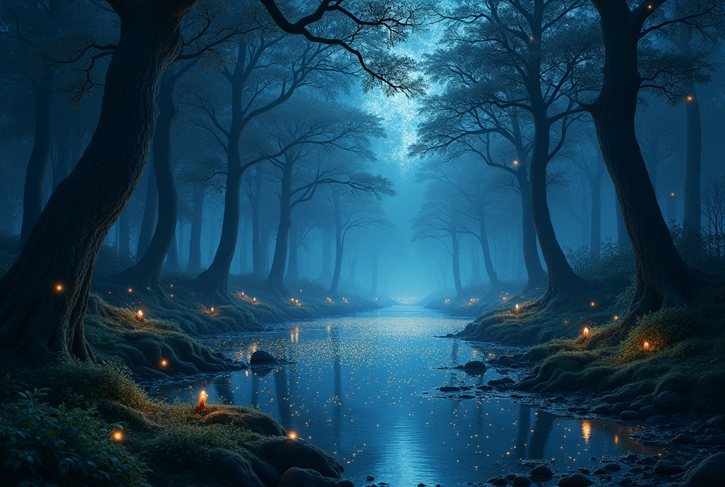 ((masterpiece, highest quality, Highest image quality, High resolution, photorealistic, Raw photo, Extremely detailed CG unified 8k wallpaper)), Dramatic Light, Volumetric Light, A sacred space with a forest at night, a mystical spring, fireflies fluttering in flocks, and a starry sky reflected on the surface of the water,