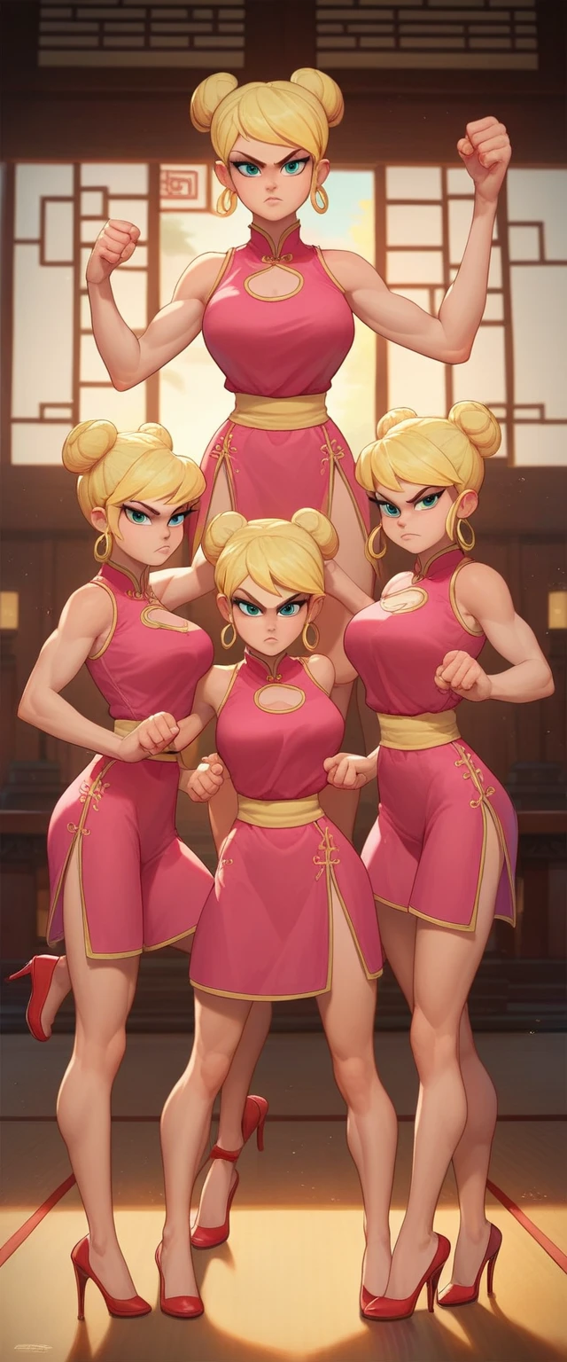 lola loud, 3girl, trio, 24yo girl, large breasts, pink cheongsam,  inside of a chinese temple, looking at viewer, blonde hair, two hair buns , hands  score_9, score_8_up, score_7_up, high heels, teep fighting stance,martial arts, triplets