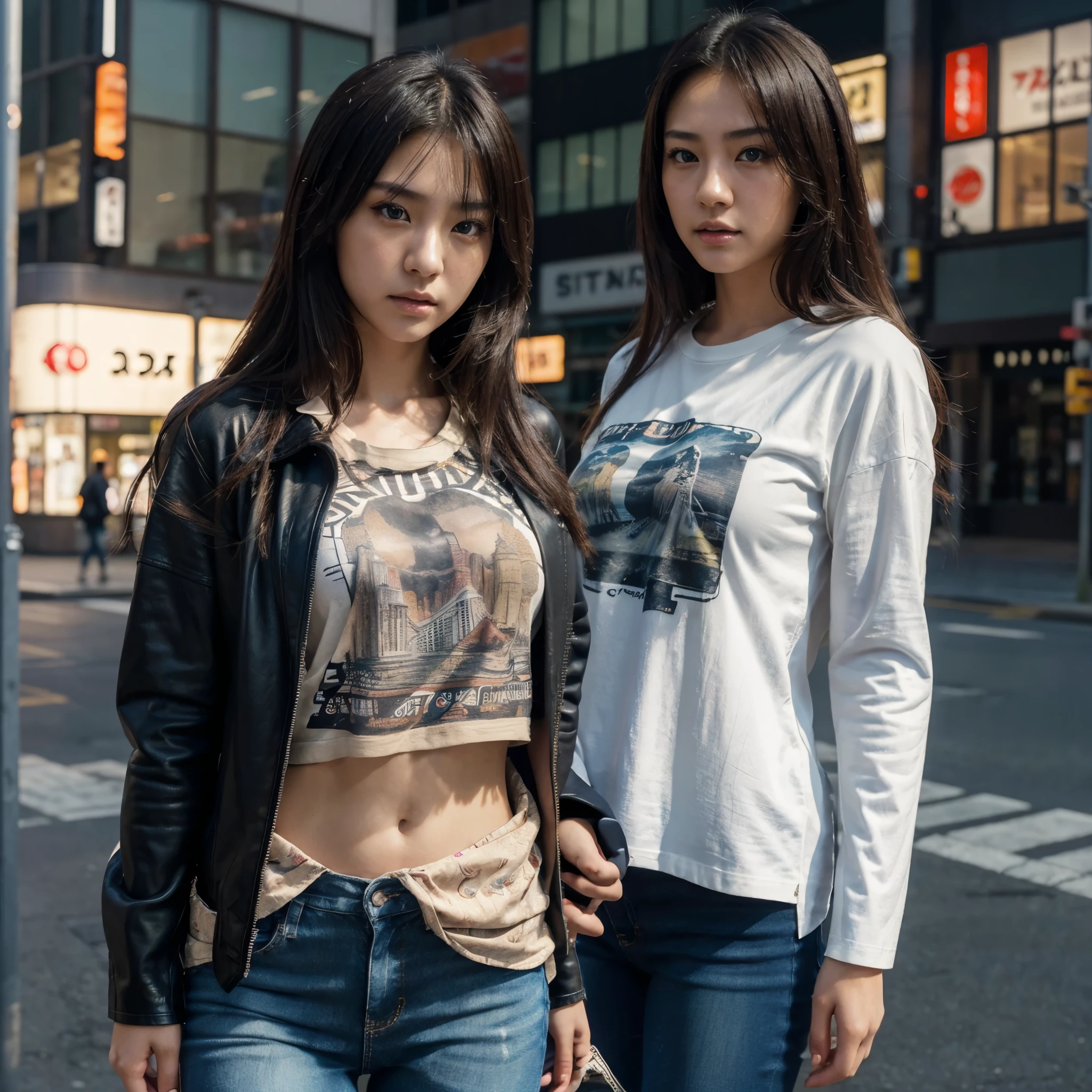 Female supermodel. Gray t-shirt and jeans. Dim, soft lighting. Sunset. Sugamo Jizodori Shopping Street, Tokyo, Japan. Sunset.