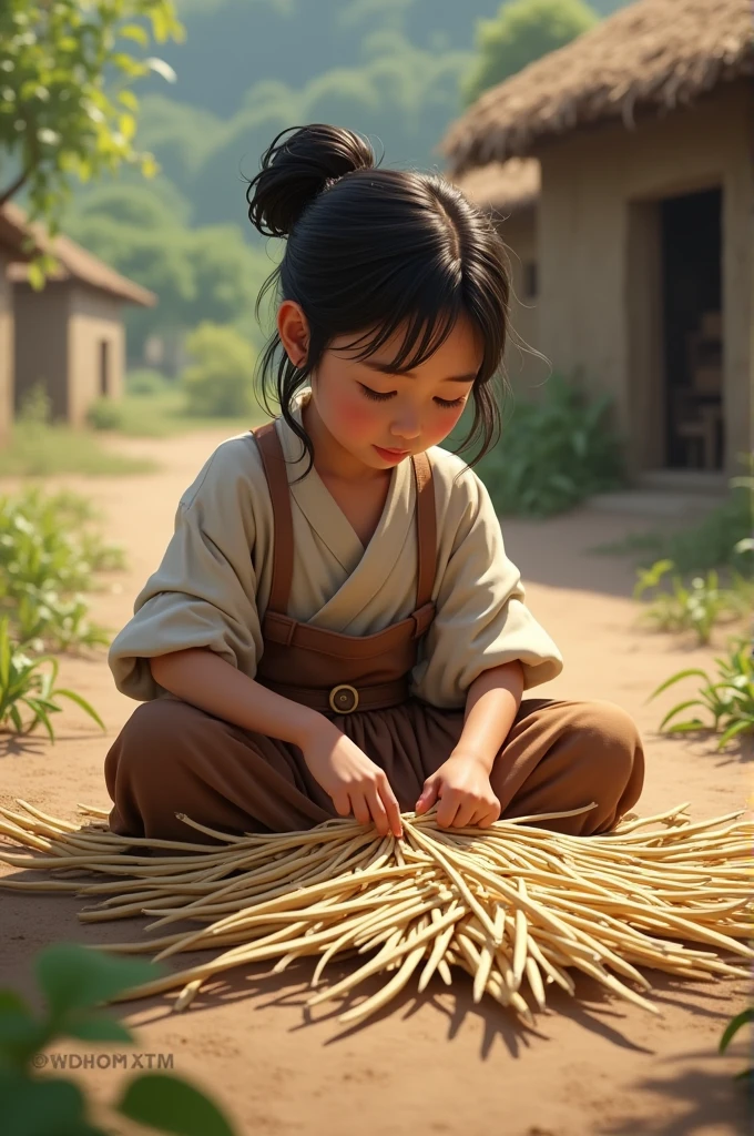 Tian Luo girl、long braid、largeeyes、Next to the thatched hut,Cooking,There is a water tank next to the house