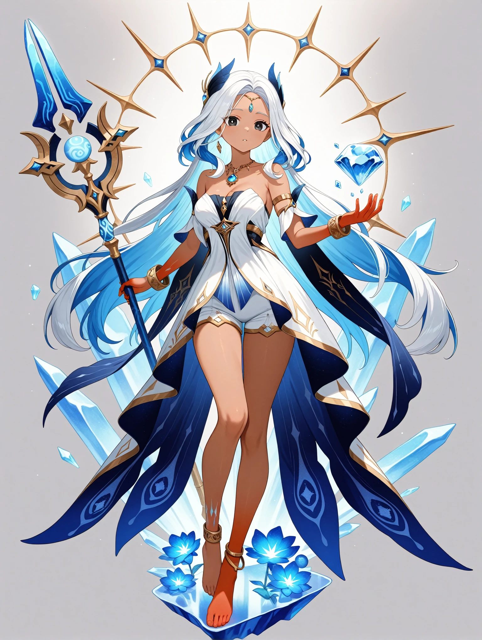 beautiful detailed glow, Floating ice crystals, (ultra-detailed:1.2100000000000002), (illustration:1.2100000000000002), necklace, anklet, multicolored hair, grey background, jewelry, collarbone, gradient skin, shoulders, white hair, gold trim, gem, red eyes, long hair, sandals, hair ornament, white shorts, soloï¼girlï¼Dark skinï¼black eyesï¼white hairï¼disheveled hairï¼Loose hairï¼White glossy loose long hairï¼White off shoulder dressï¼barefootï¼ white shorts, strapless, legs, white dress, , floating object, holding, floating, shorts under dress, very long hair, armlet, grey hair, shorts, full body, blue flower, holding staff, orb, dress, flower, floating weapon, black eyes, , blue gemstone, crystal, simple background, bracelet, crystal flower, staff of the scarlet sands \(genshin impact\), colored inner hair, parted lips, toes, strapless dress, looking at viewer,
,masterpiece,best quality,amazing quality,very aesthetic,absurdres,newest,