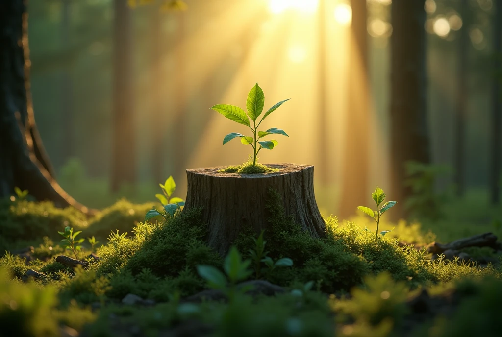 ((masterpiece, highest quality, Highest image quality, High resolution, photorealistic, Raw photo, Extremely detailed CG unified 8k wallpaper)), Dramatic Light, Volumetric Light, The light in the forest, the sunlight filtering through the trees, illuminating the young buds growing from the stumps, Godray, a symbol of the cycle of life.