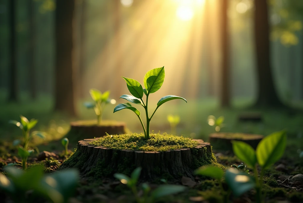 ((masterpiece, highest quality, Highest image quality, High resolution, photorealistic, Raw photo, Extremely detailed CG unified 8k wallpaper)), Dramatic Light, Volumetric Light, The light in the forest, the sunlight filtering through the trees, illuminating the young buds growing from the stumps, Godray, a symbol of the cycle of life.