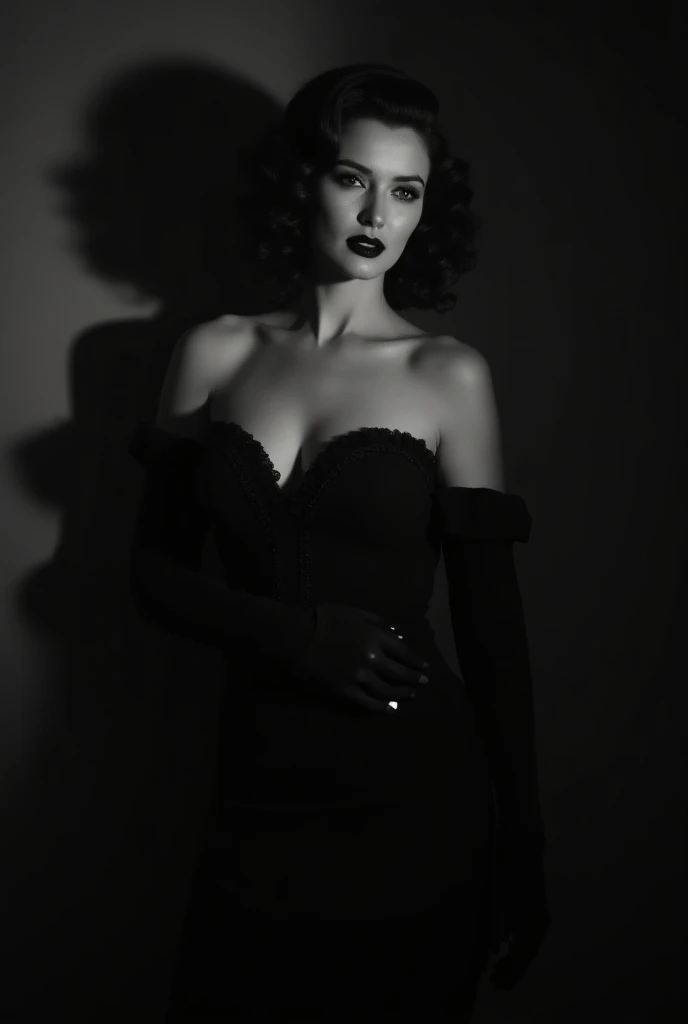 Masterpiece, a beautiful Swedish woman, ((Marilyn Monroe:Ingrid Bergman:0.5)), (high detail plunging black gothic dress), (medium breasts), (perfect body), (black hair), (short hairstyle), outside, (skin texture:1.1), best quality, ultra high res, Raw photo, Nikon D850, backlight, rimlight, bright sunlight, film grain:1.2, (warm hue, warm tone:1.2), (color photo)