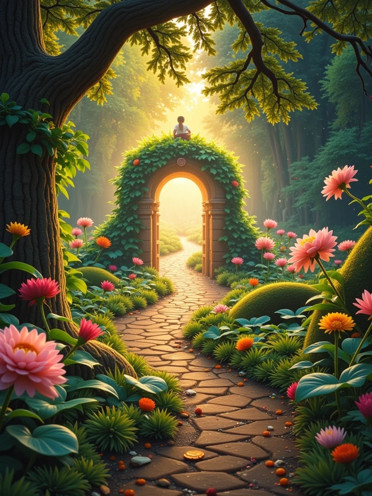 Visualize a tranquil and serene scene displaying an overgrown trail that winds its way through a lush, thick forest towards an inviting gateway of light. The gateway signifies the entrance to a paradise, glowing with a multitude of soothing colors suggesting peace and success. The path is lined with an abundance of wildflowers and verdant greenery, strewn with leaves that shimmer with dew. A gentle beam of sunlight filters through the canopy, casting a warm, soft glow on the trail, inviting the viewer to embark on the journey towards achievement and paradise.