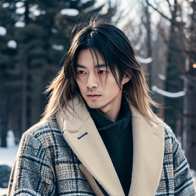 1 man, Japanese man, male, Asian eyes, muscular, broad shoulders,  hairstyle Visual Kei style, hair Visual Kei, stands in a winter landscape, wearing winter clothes, ultra detailed face, hyperrealistic, realistic representation, long hair, long hair, 30 years old, age 30 years, blond, black and blonde hair