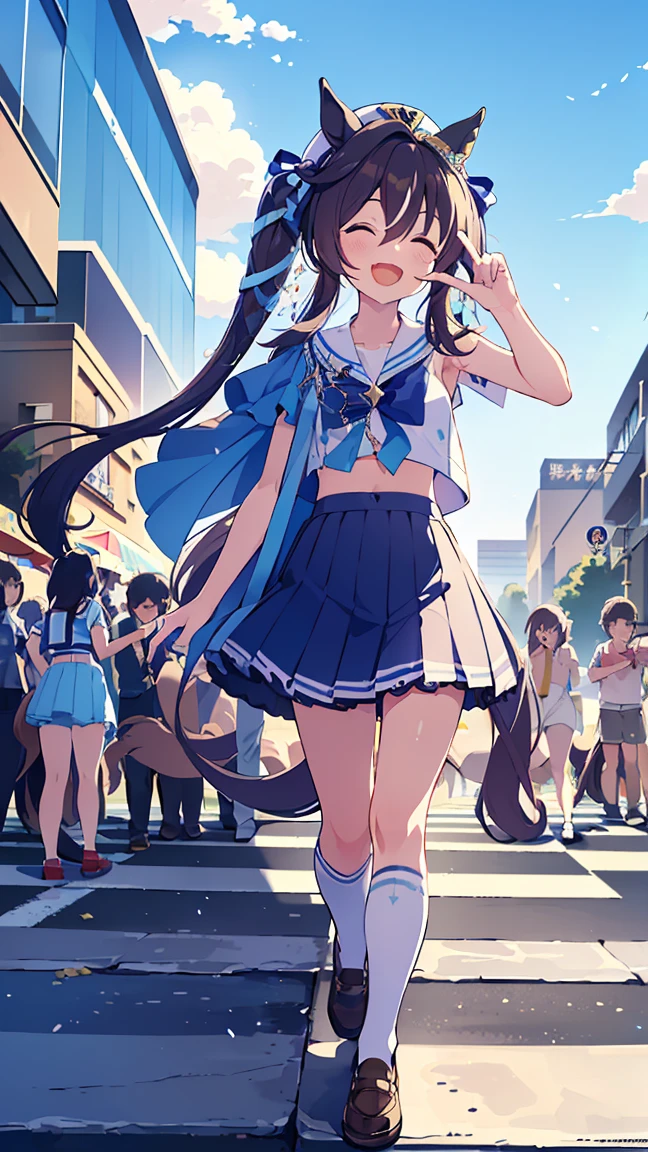 masterpiece, Best Quality,  high resolution on down,  very detailed,(((Viblos))), (((Horse Girl))), ((( sailor suit))), ((( wind is blowing))), ((( Standing in the Distance ))), (((Positive。))), (((Around town))), (((Walking on a crosswalk))), (((blue sky))), ((( is laughing。))), ((( crowds))), 