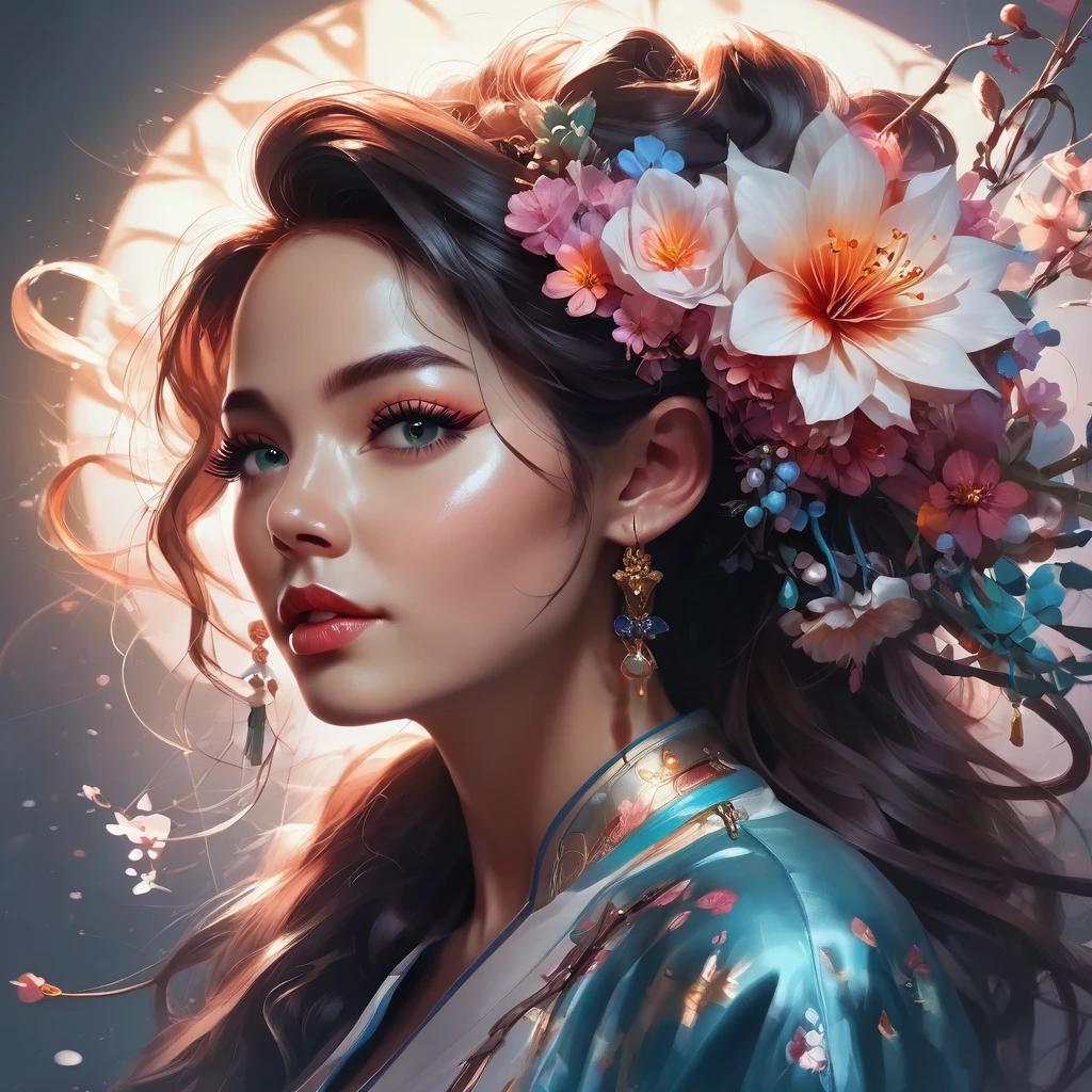 (masterpiece, best quality:1.2), woman, flower in hair, fantasy art portrait, character painting, digital artwork, inspired by Ross Tran, Guweiz, 8k