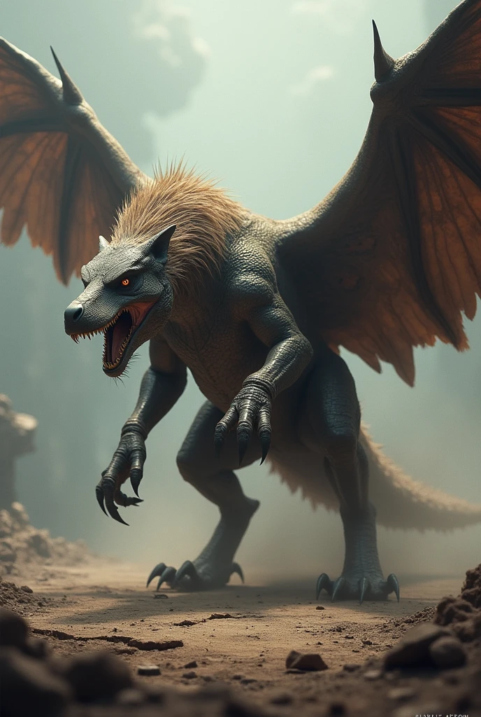 I want to create a hybrid animal from these three animals dinosaur a wolf and a eagle create image Make it more realistic and scary