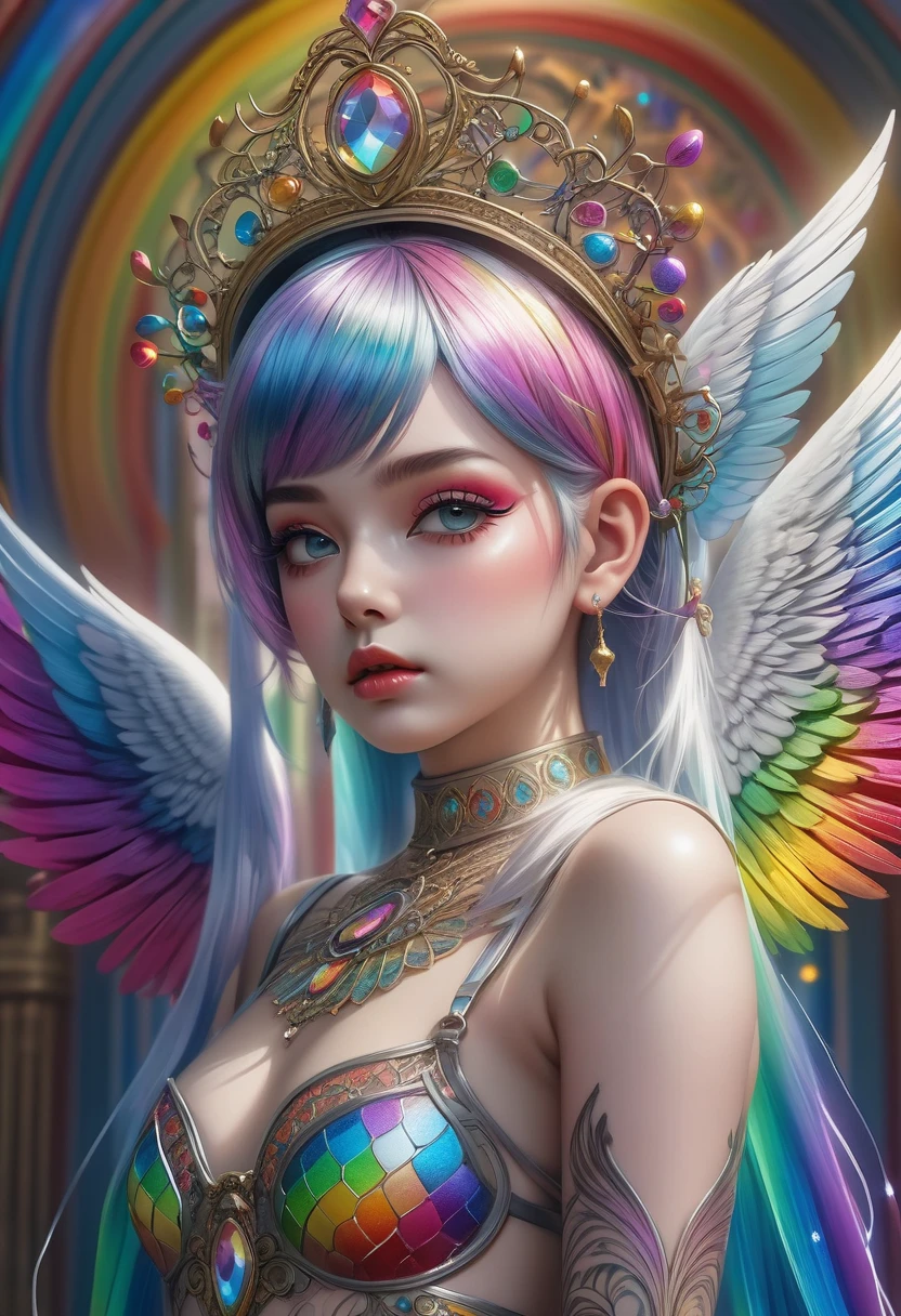 a young girl with intricate rainbow tattoos, wearing a tiara and angelic halo, in a sacred sanctuary, adorned in rainbow enamel bondage, resembling a delicate petite courtesan, with short stature and a rainbow wig, wearing a collar, (best quality,4k,8k,highres,masterpiece:1.2),ultra-detailed,(realistic,photorealistic,photo-realistic:1.37),vivid colors,extremely detailed face and eyes,beautiful detailed lips,longeyelashes,highly detailed skin,intricate tattoo patterns,dramatic lighting,cinematic composition