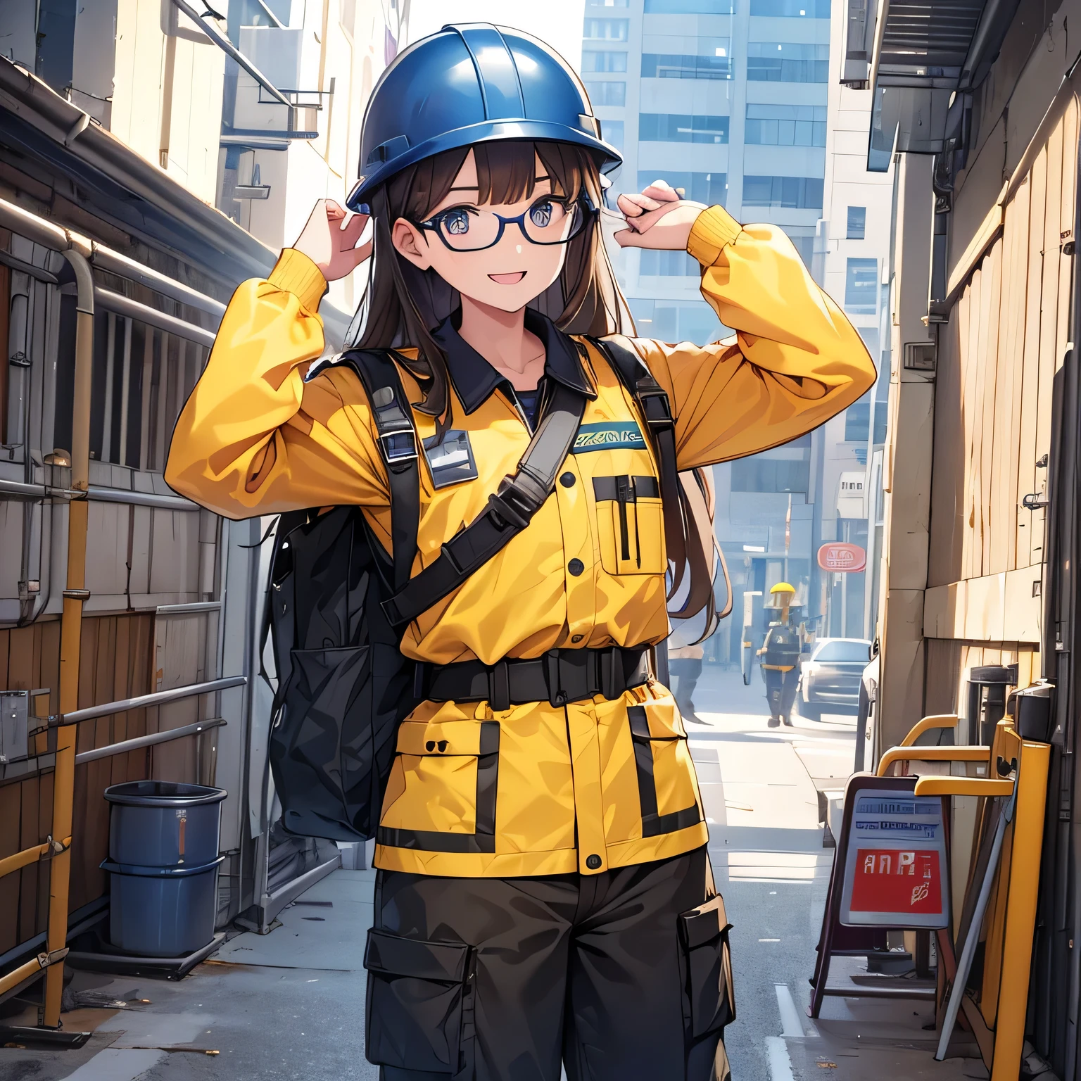 highest quality, best quality, 1080p, 8K, masterpiece, first class, perfect face, high definition, one of a kind, full body, right hand on head, left hand down, glossy, reflective, work clothes, long pants, toned body, close up, construction site, metal, protective clothing, helmet, safety vest, safety culture, yellow safety helmet, industrial fashion, dark brown long hair, (sparkling eyes), beautiful eyes, glasses, blue neck strap, rectangular employee ID with clear case, open mouth, cute big smile.