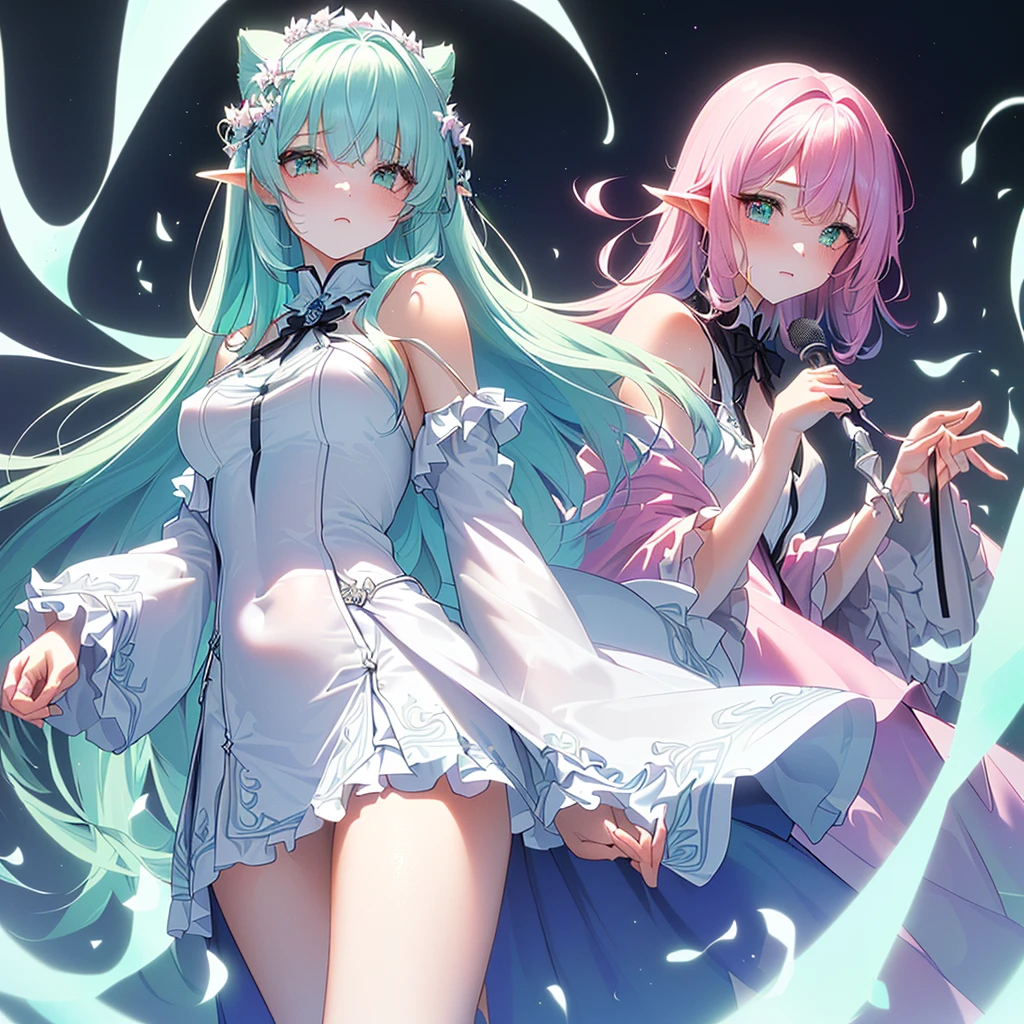 a beautiful girl with long light pink hair, bright blue-green cat eyes, extremely detailed eyes and face, longeyelashes, delicate facial features, glowing skin, serene expression, ethereal beauty, magical atmosphere, (best quality,4k,8k,highres,masterpiece:1.2),ultra-detailed,(realistic,photorealistic,photo-realistic:1.37),fantasy portrait,vibrant colors,soft lighting,cinematic lighting